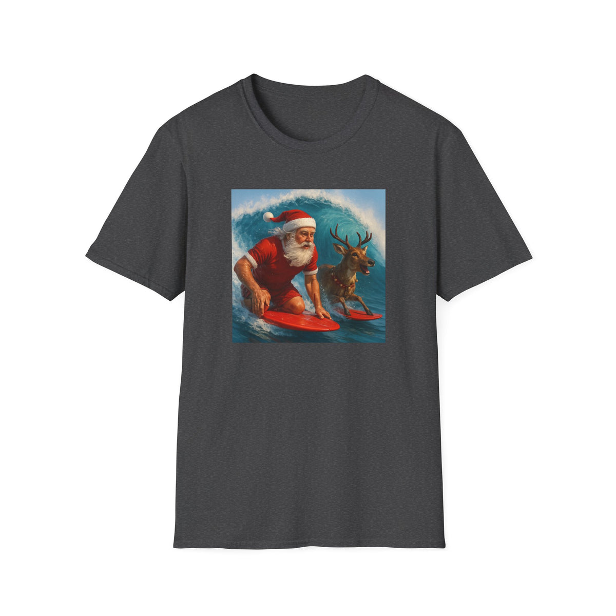 Santa Surfing T-Shirt — Retro Santa and Reindeer Surf Holiday Tee