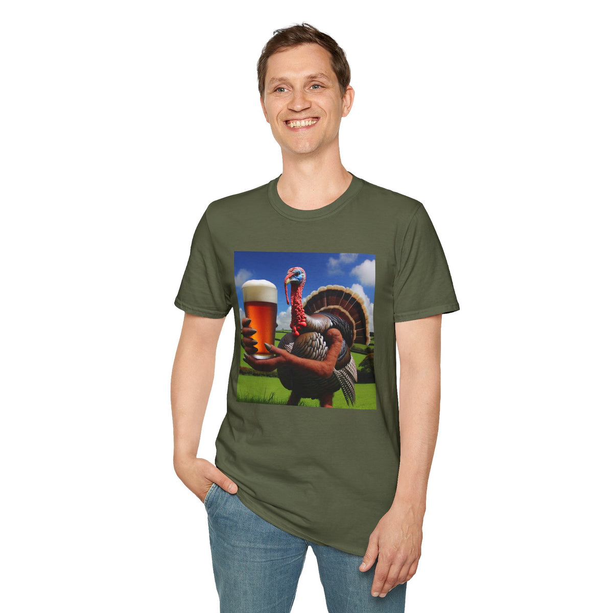 Thankful Turkey Beer T-Shirt — Funny Thanksgiving Turkey Holding Pint Tee