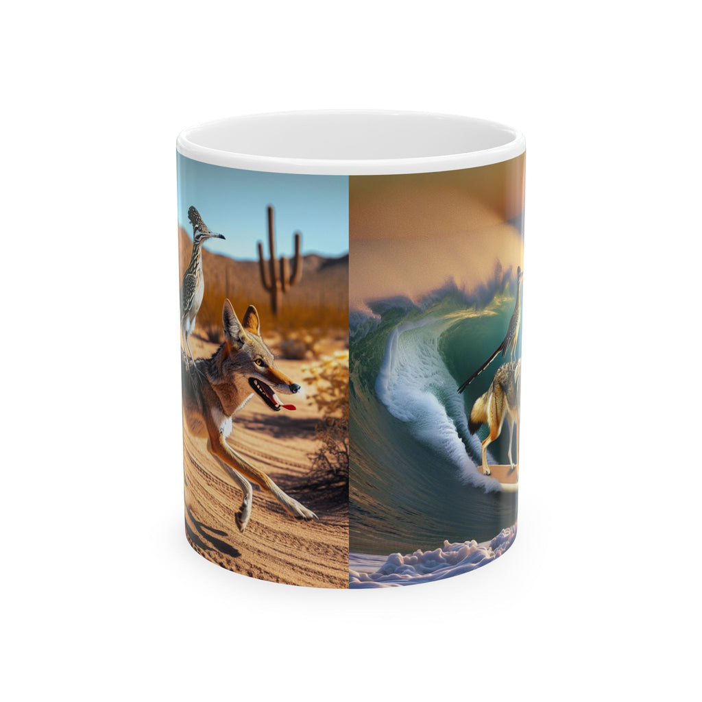 Roadrunner & Coyote Funny Desert Surfer Ceramic Coffee Mug (11oz, 15oz)