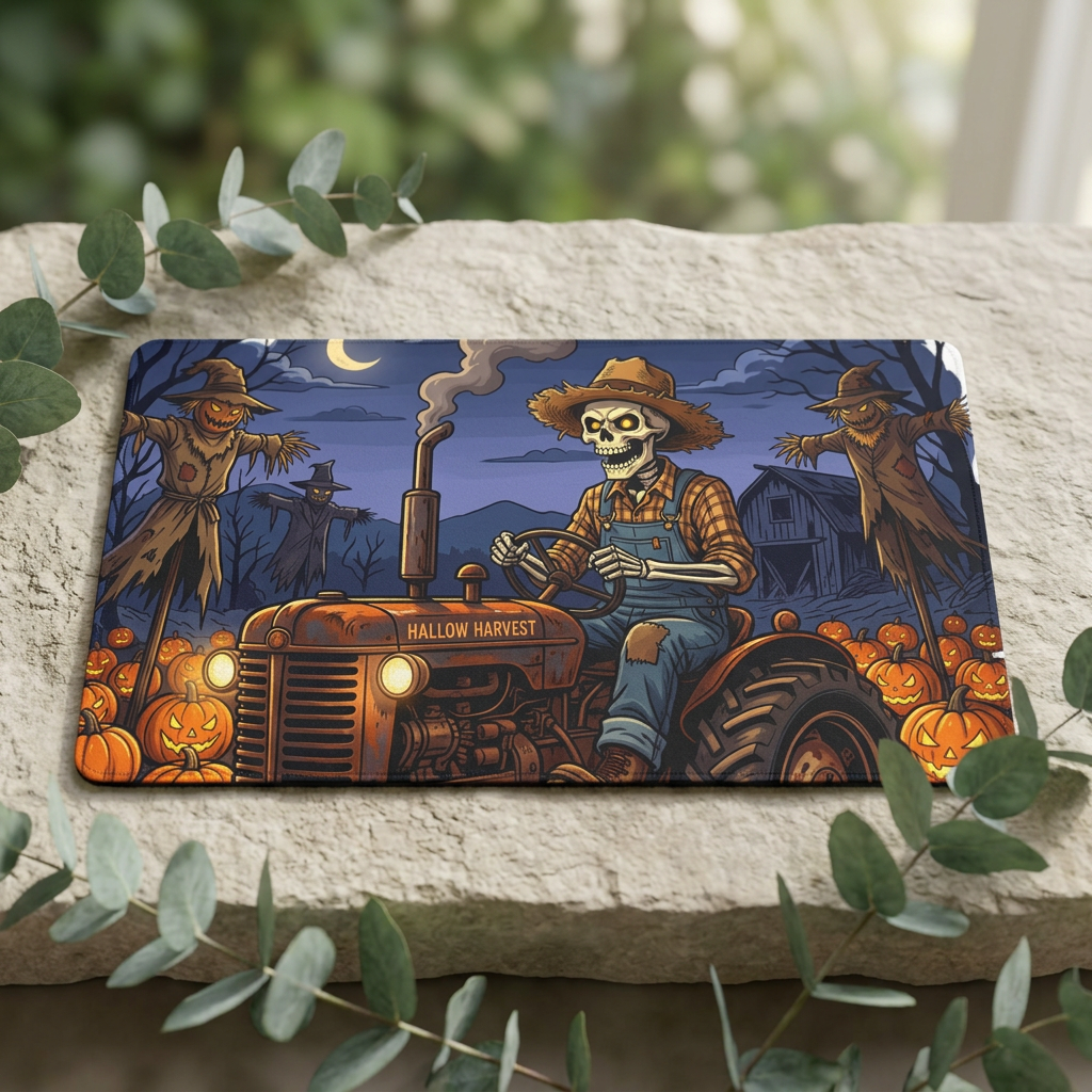 Halloween Skeleton Farmer Doormat – Spooky Pumpkin Patch Entry Mat