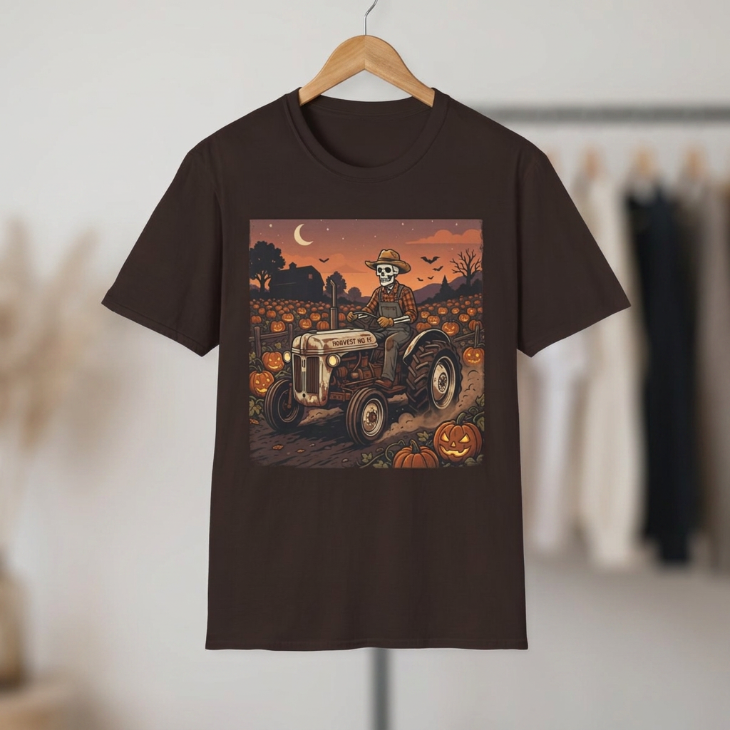 Skeleton Farmer Pumpkin Patch T‑Shirt — Harvest Moon Halloween Tee