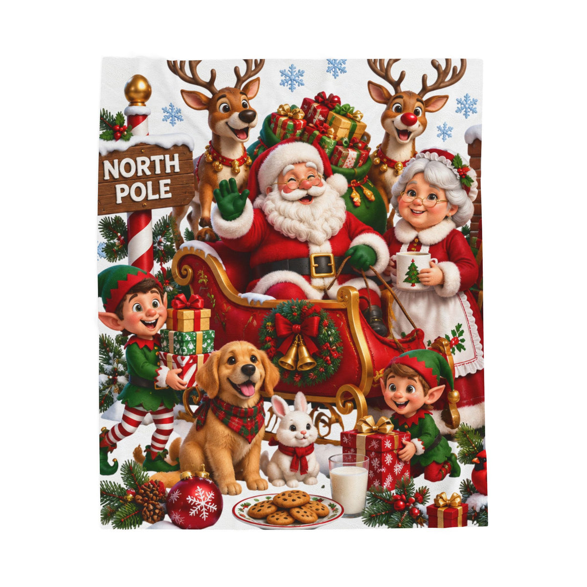 North Pole Christmas Santa & Reindeer Velveteen Plush Blanket