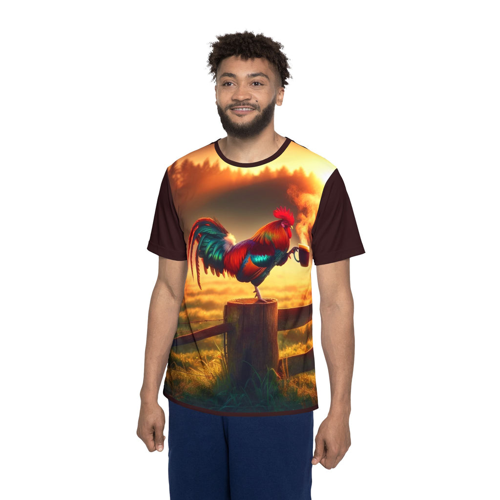 Rooster Sunrise Men’s Sports Jersey — Colorful Farm Morning Graphic Tee