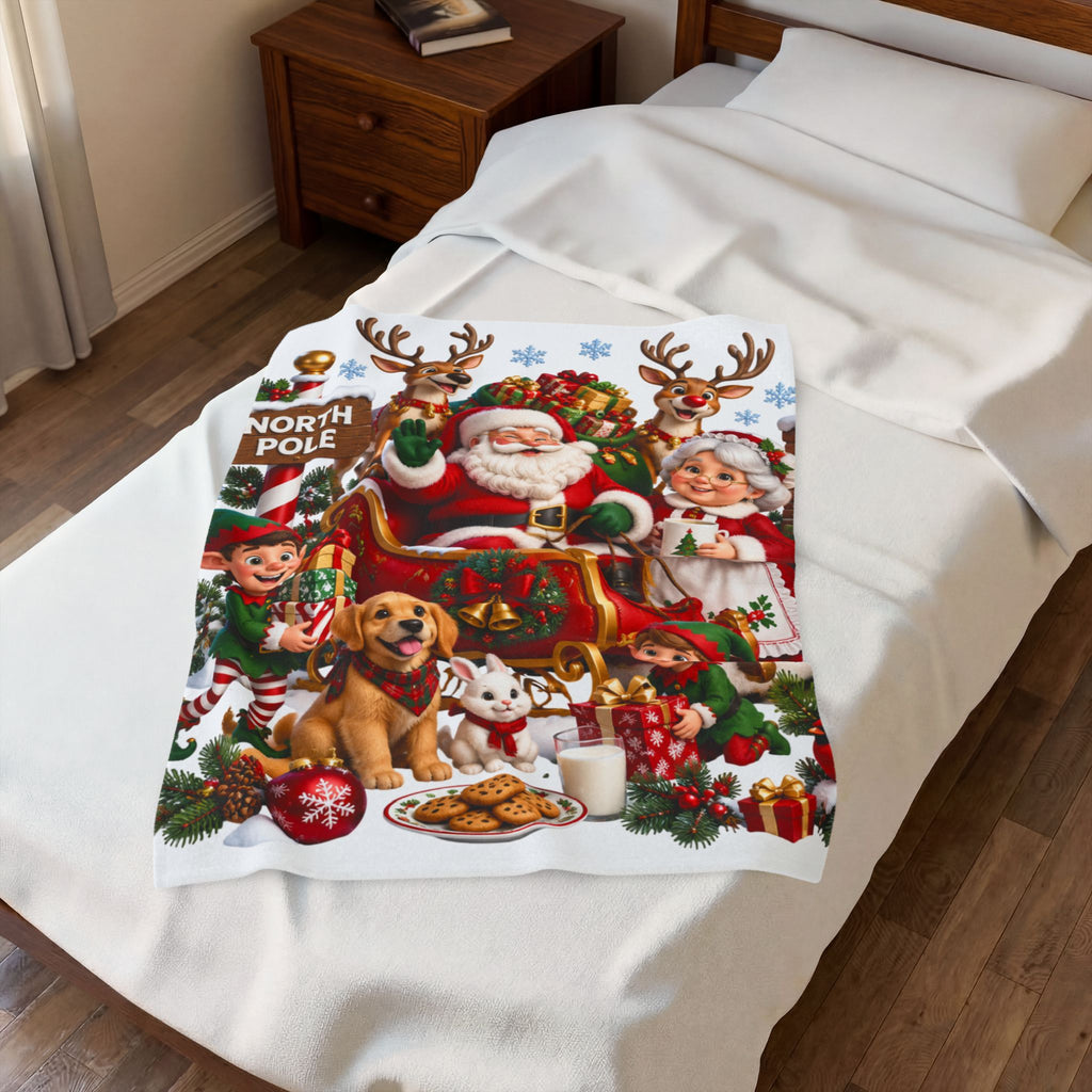 North Pole Christmas Santa & Reindeer Velveteen Plush Blanket