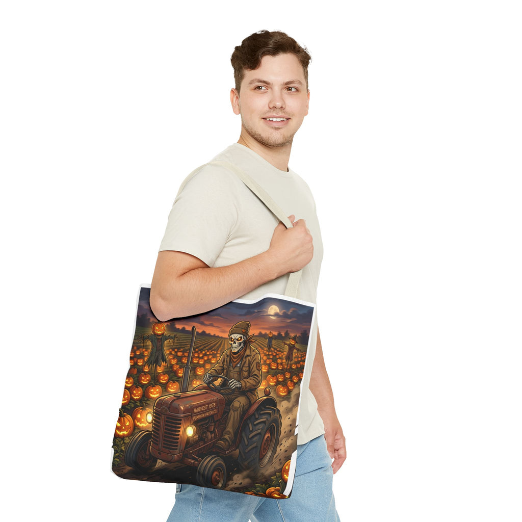 Halloween Pumpkin Field Tote — Skeletal Farmer on Tractor AOP Tote Bag