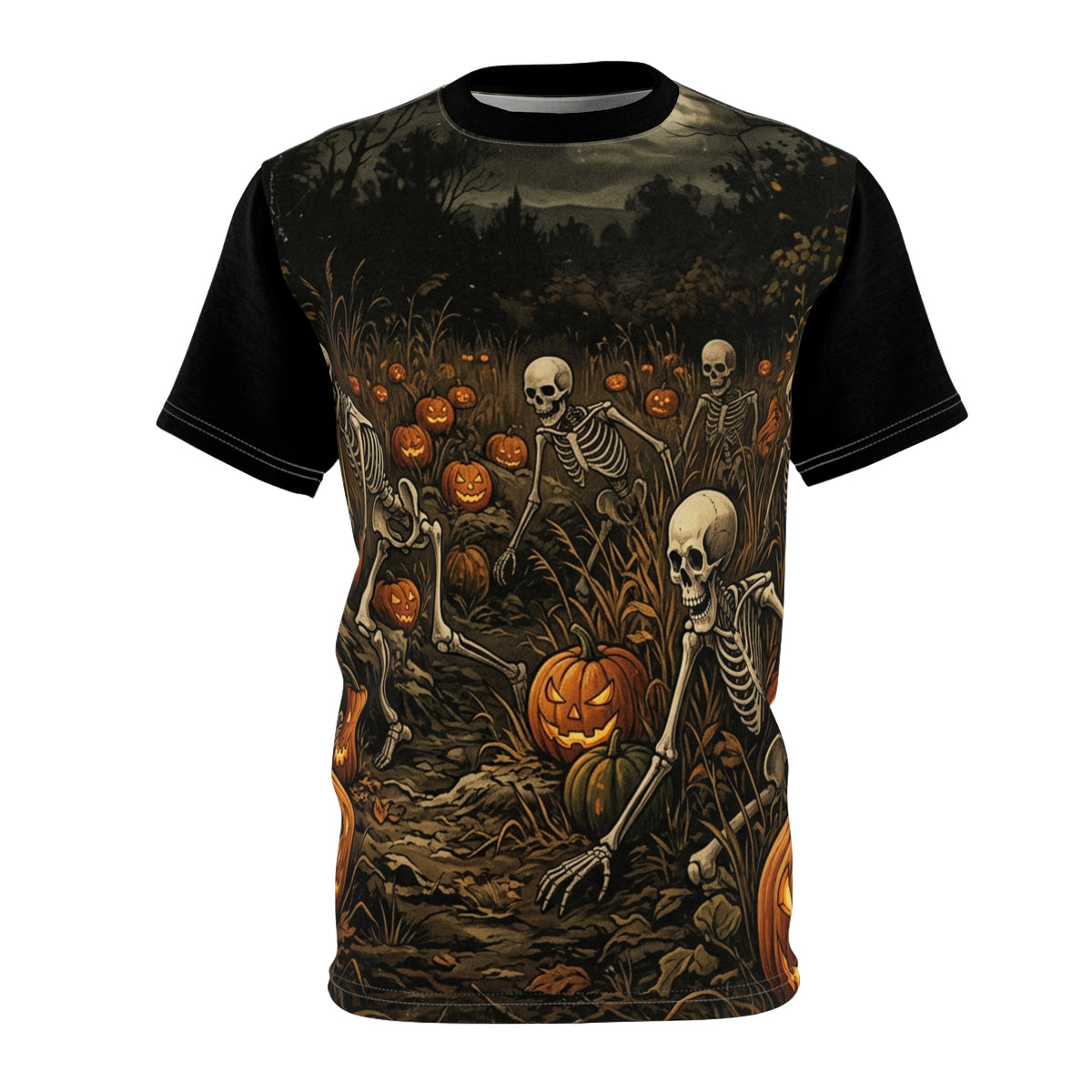 Halloween Skeleton Pumpkin Tee — Spooky Graveyard All-Over Print Shirt