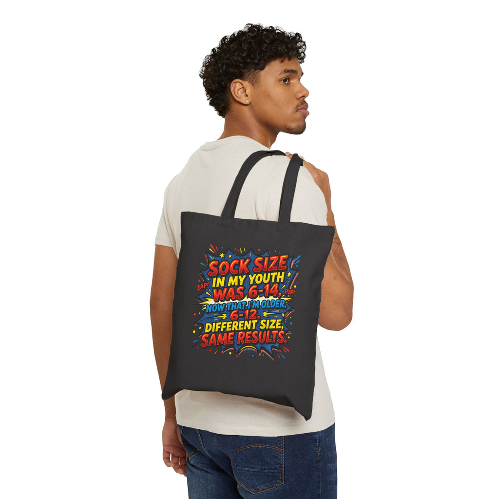 Canvas Tote Bag — Funny Retro Comic 'Sock Size in My Youth Was 6–14' Grocery & Gift Tote