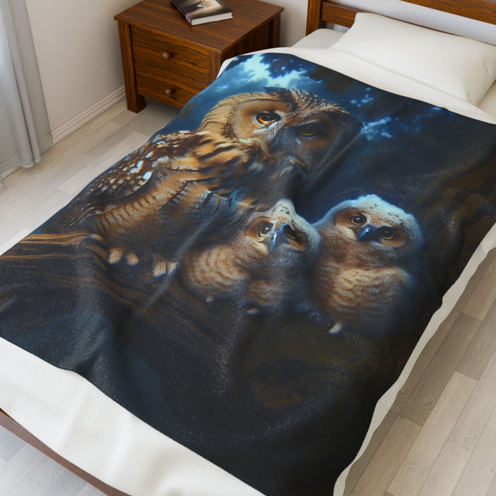 Velveteen Plush Blanket - Owl with Babies