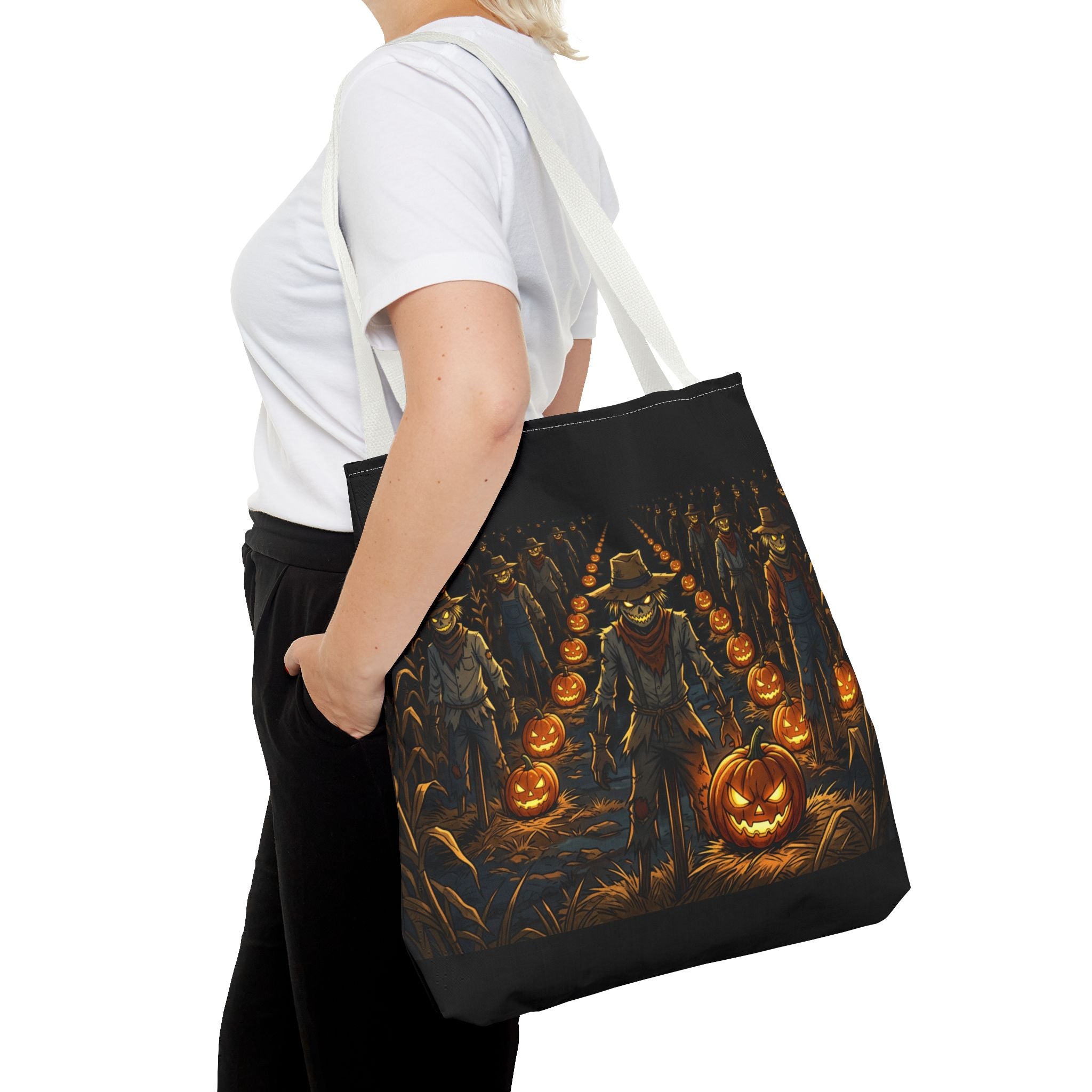Halloween Scarecrow Parade Tote Bag – Spooky Pumpkin Field All-Over Print Tote