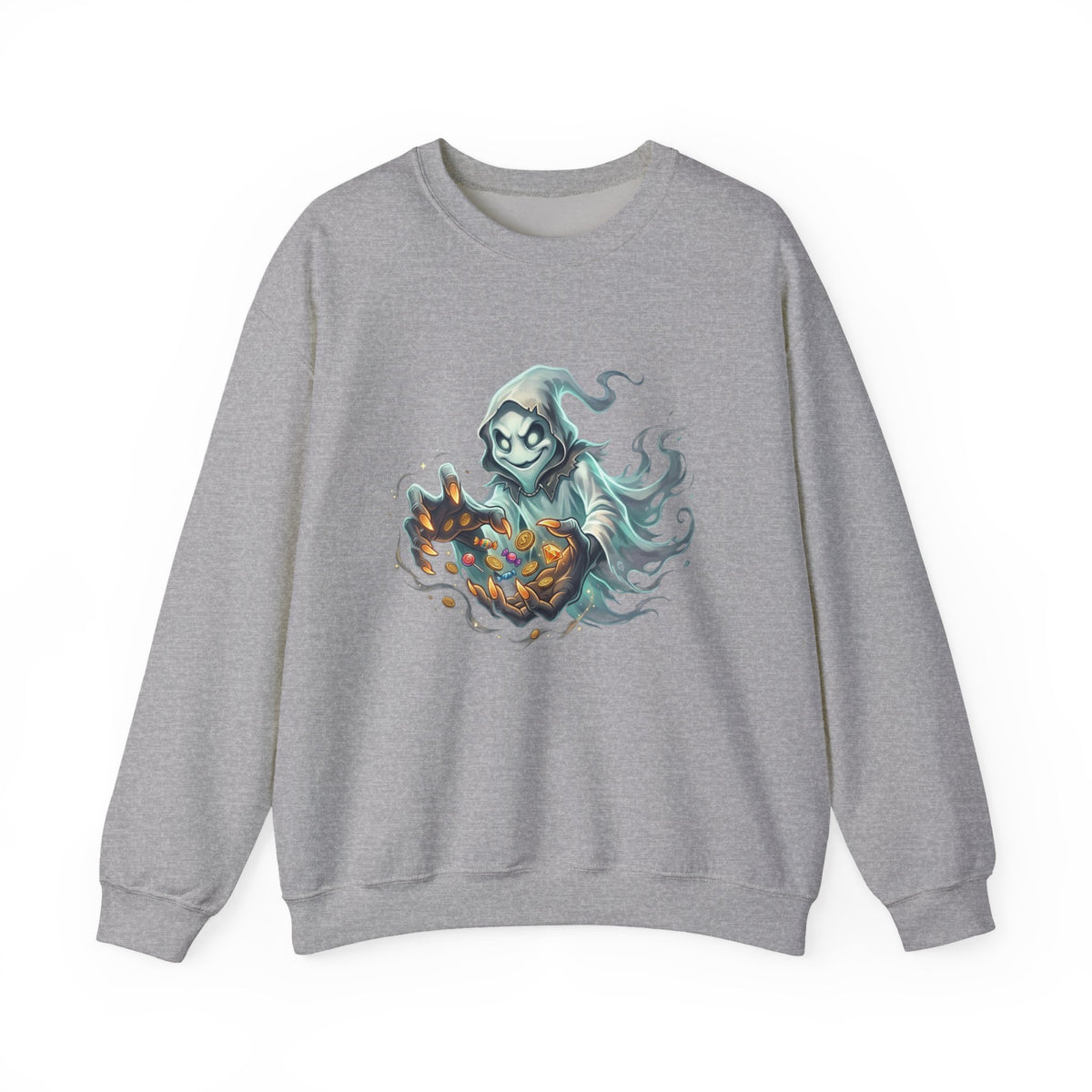 Treasure Ghost Halloween Crewneck Sweatshirt — Hooded Specter with Glowing Candy