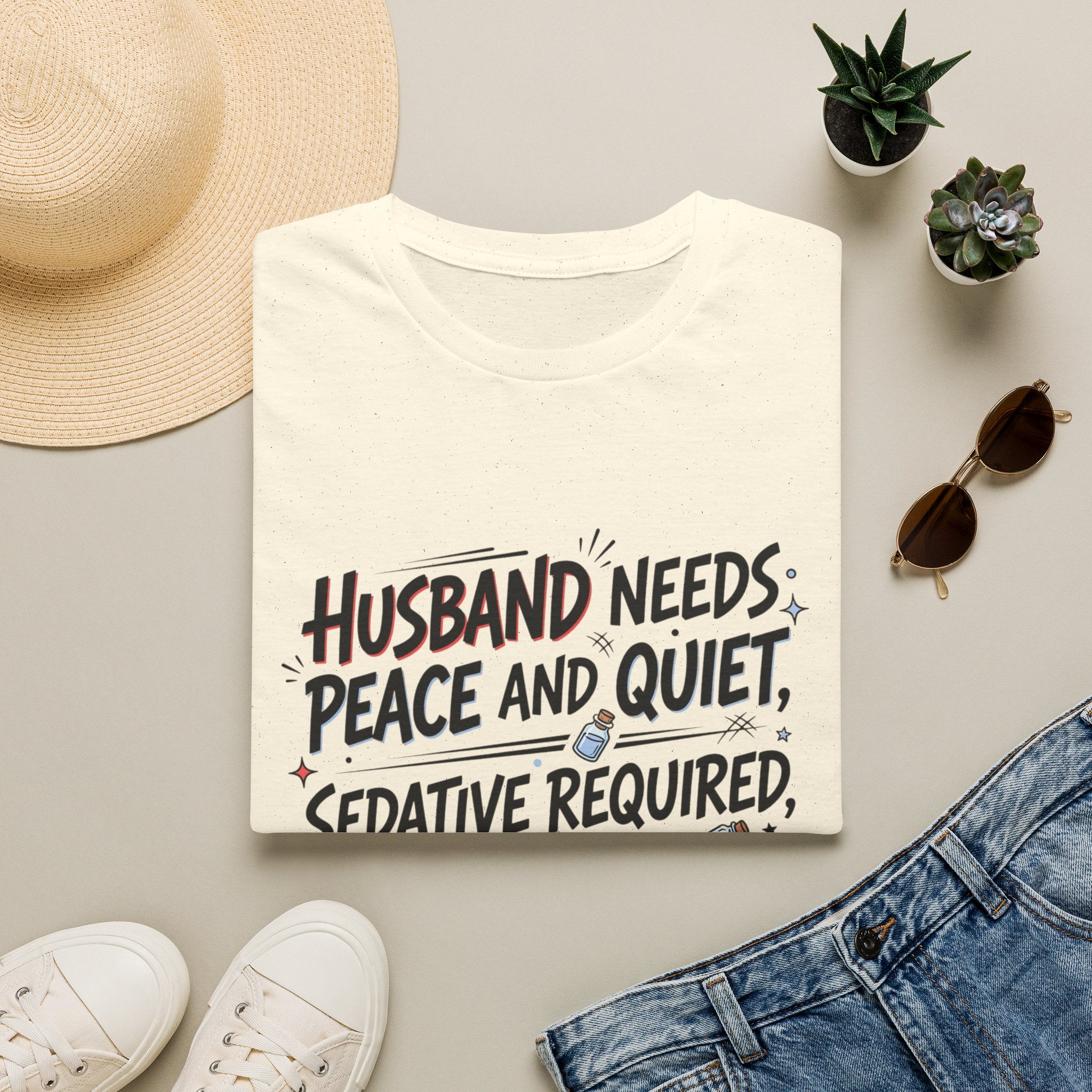 Funny Wife T‑Shirt – "Husband Needs Peace and Quiet, Sedative Not For Husband" Graphic Tee