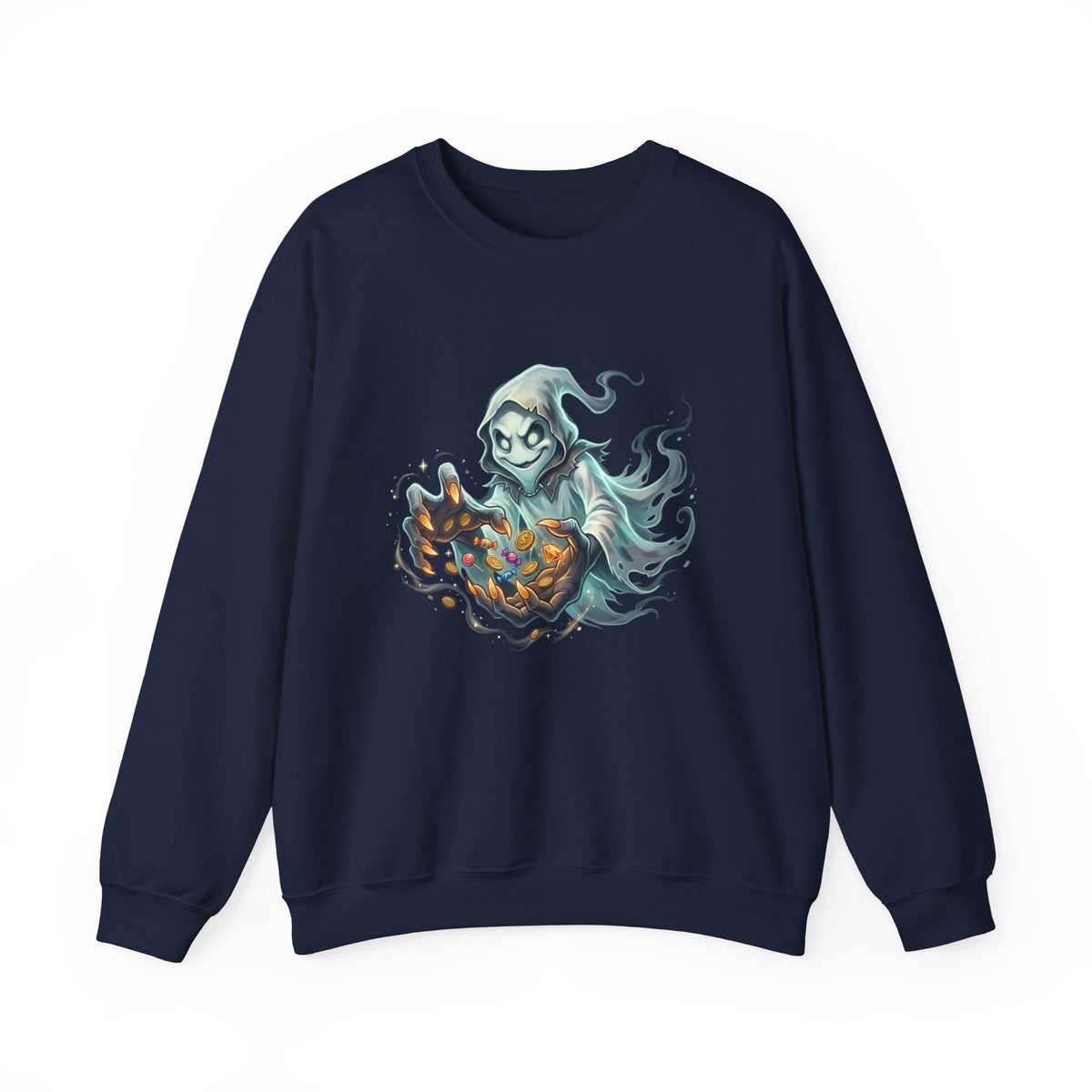 Treasure Ghost Halloween Crewneck Sweatshirt — Hooded Specter with Glowing Candy