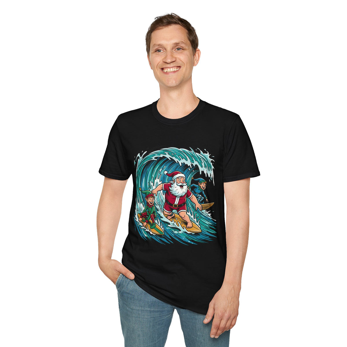 Surfing Santa T-Shirt — Christmas Beach Holiday Tee