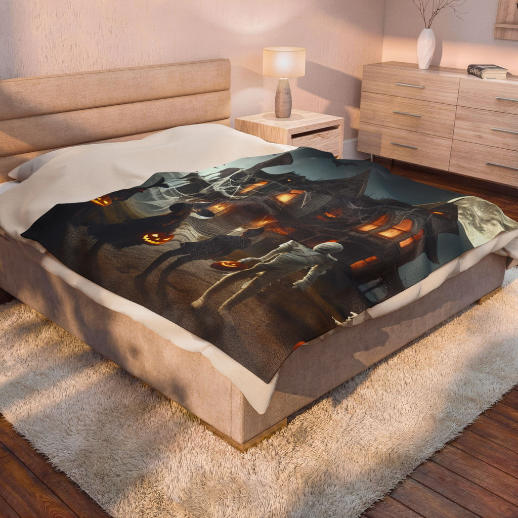 Haunted House Trick-or-Treat Halloween Velveteen Plush Blanket
