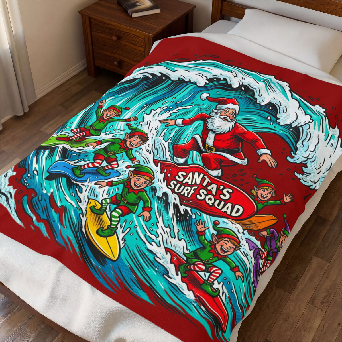 Christmas Surf Blanket — "Santa's Surf Squad" Velveteen Throw