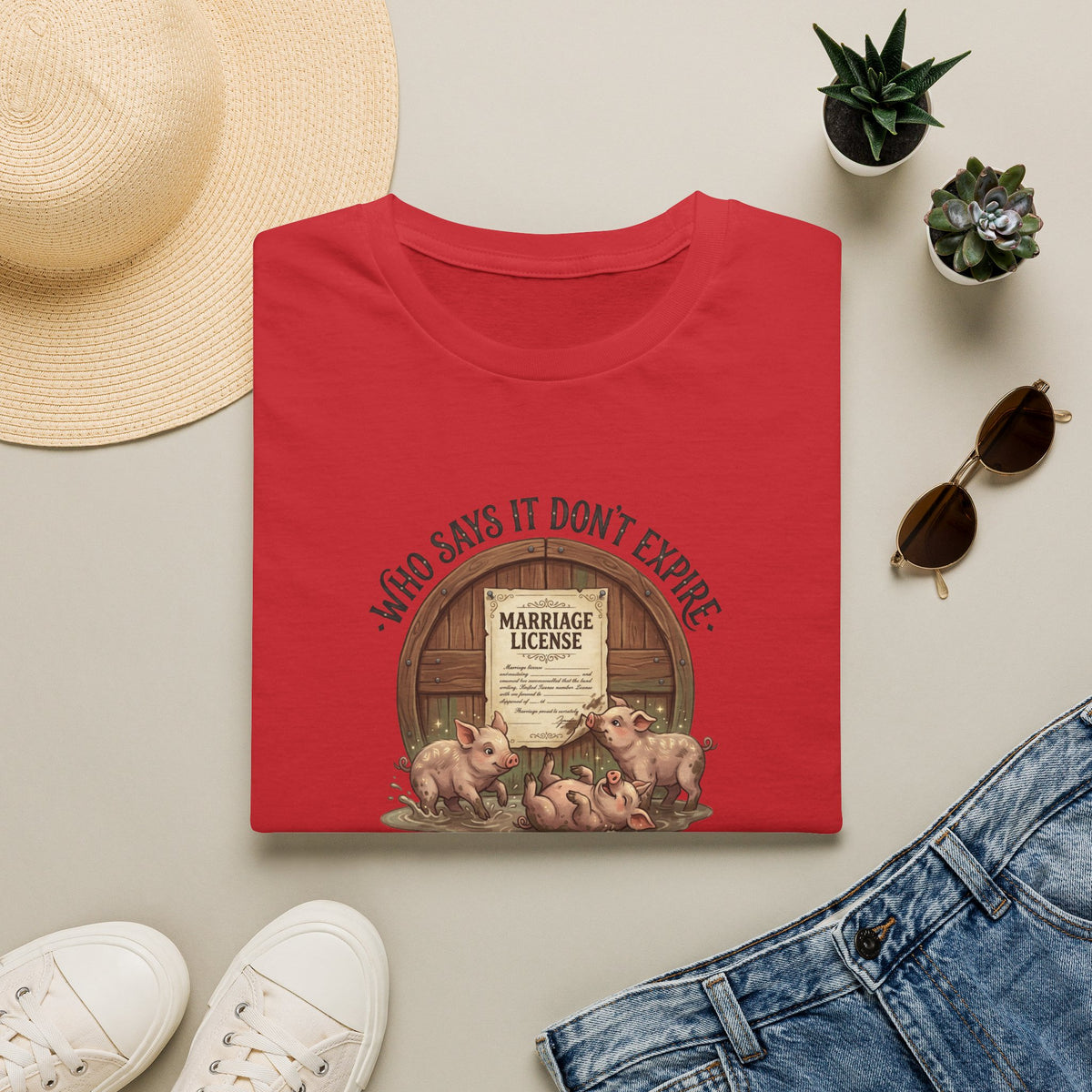 Funny Pig Wedding T-Shirt — "Who Says It Don't Expire" Marriage License Graphic Tee