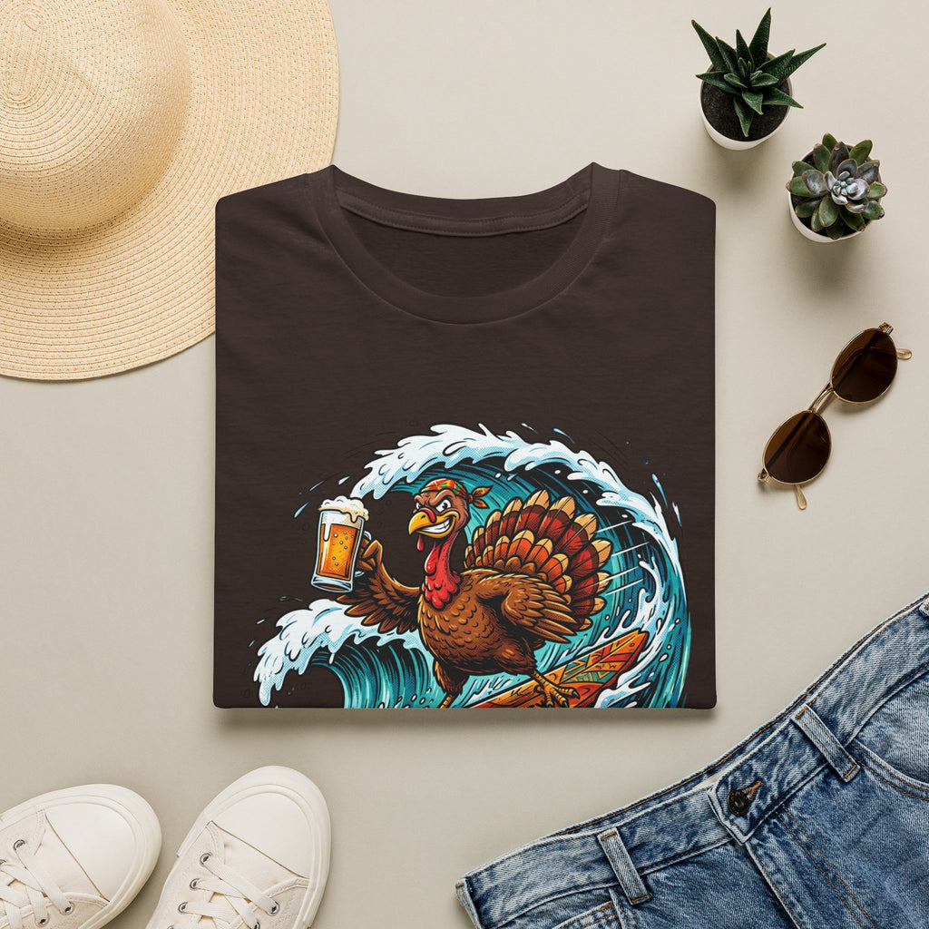 Turkey Surfing With Beer T-Shirt — Funny Thanksgiving Surfboard Tee