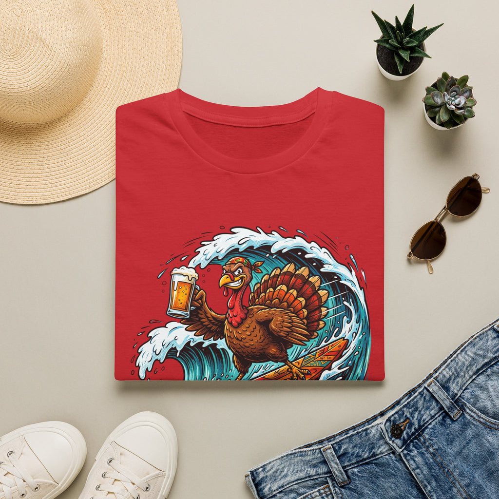 Turkey Surfing With Beer T-Shirt — Funny Thanksgiving Surfboard Tee
