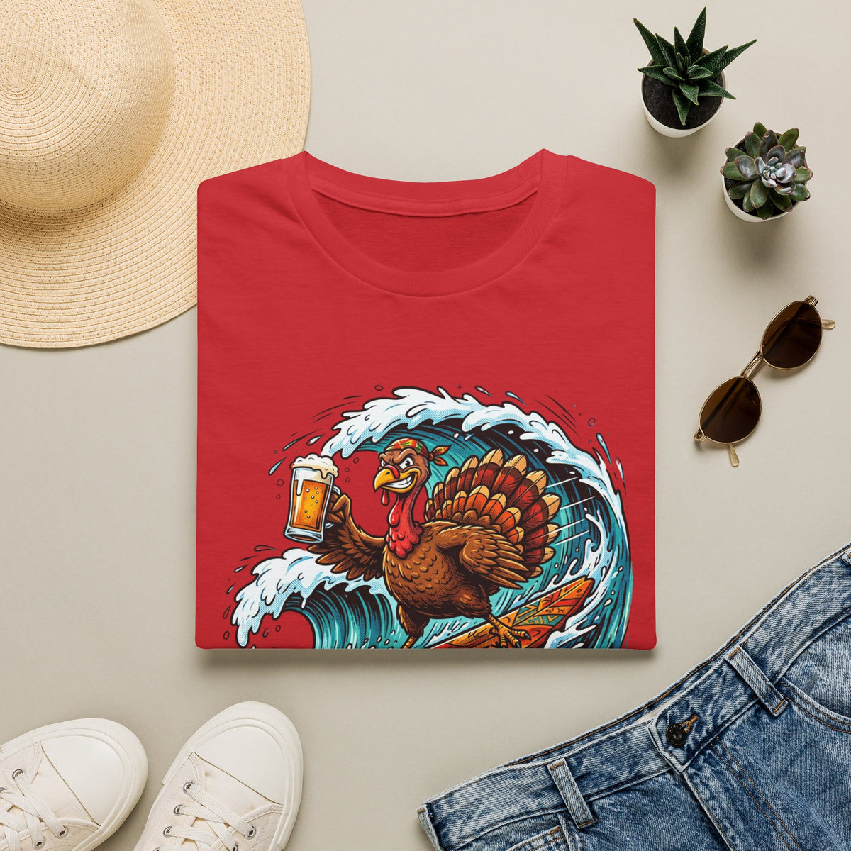 Turkey Surfing With Beer T-Shirt — Funny Thanksgiving Surfboard Tee