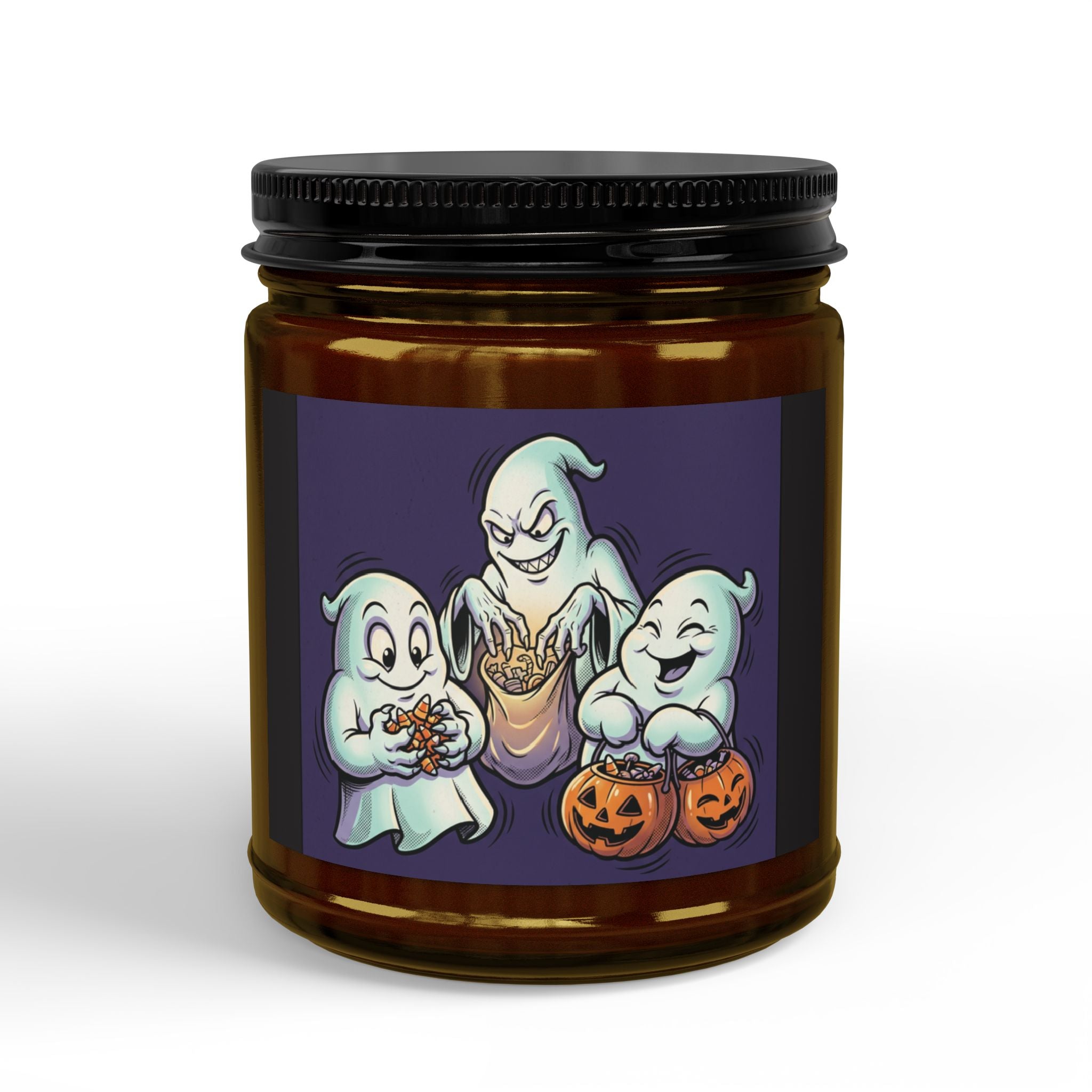 THREE GREEDY GHOST HALLOWEEN Scented Soy Candles with Black Lid, (4 and 9oz)