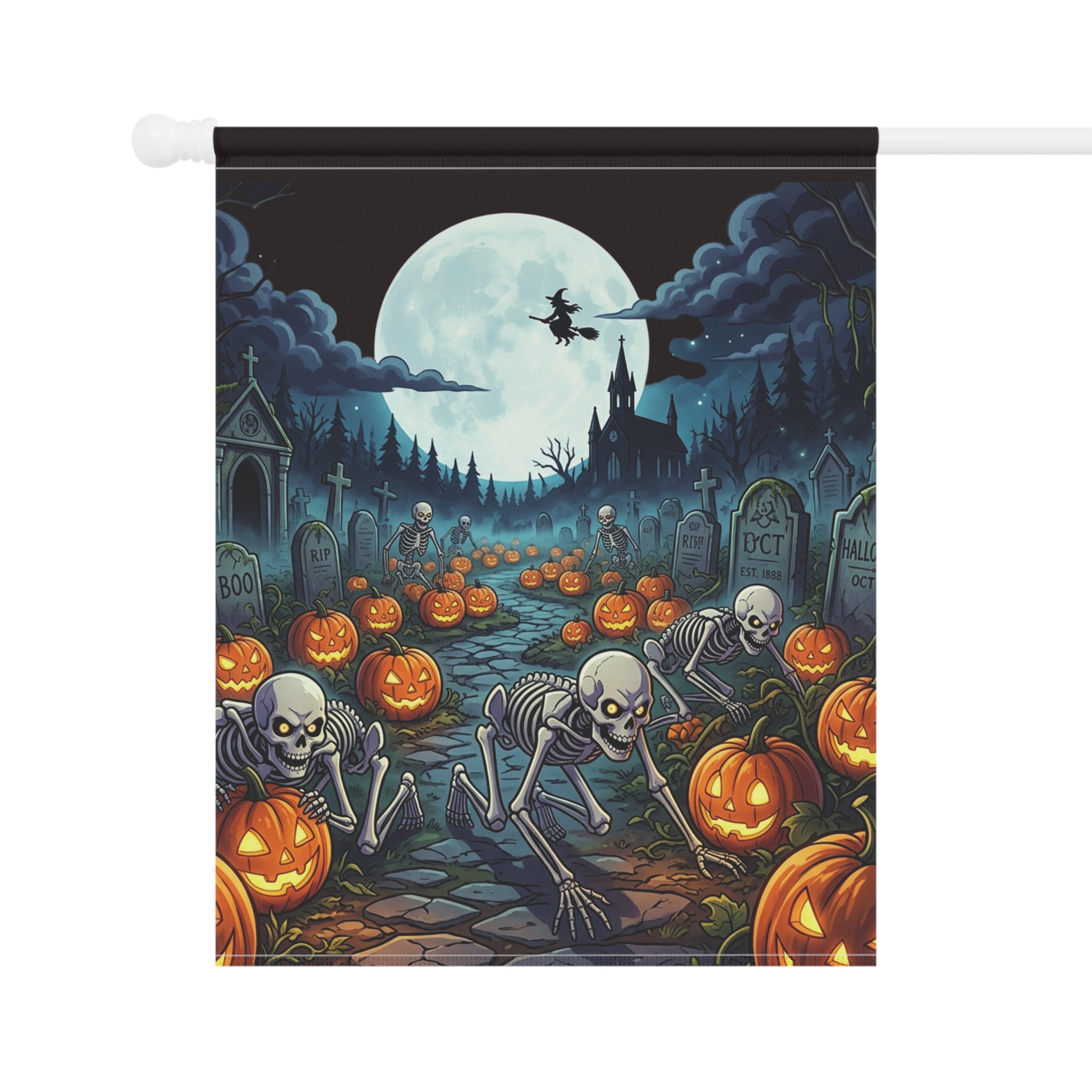 Halloween Skeleton & Jack-O'-Lantern Garden Flag — Spooky Moonlit Cemetery Yard Banner