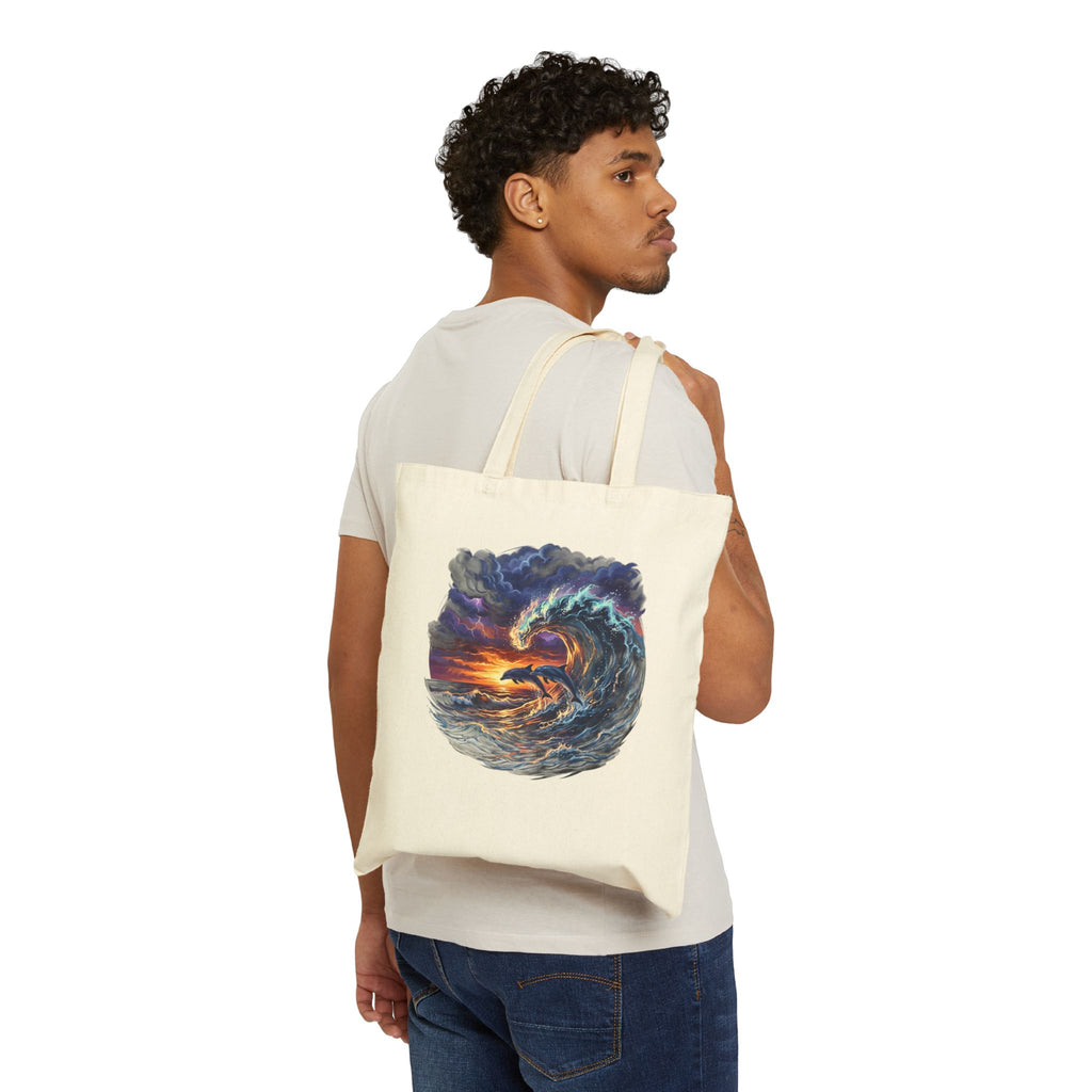 Tote Bag — Sunset Dolphin Wave Canvas Tote