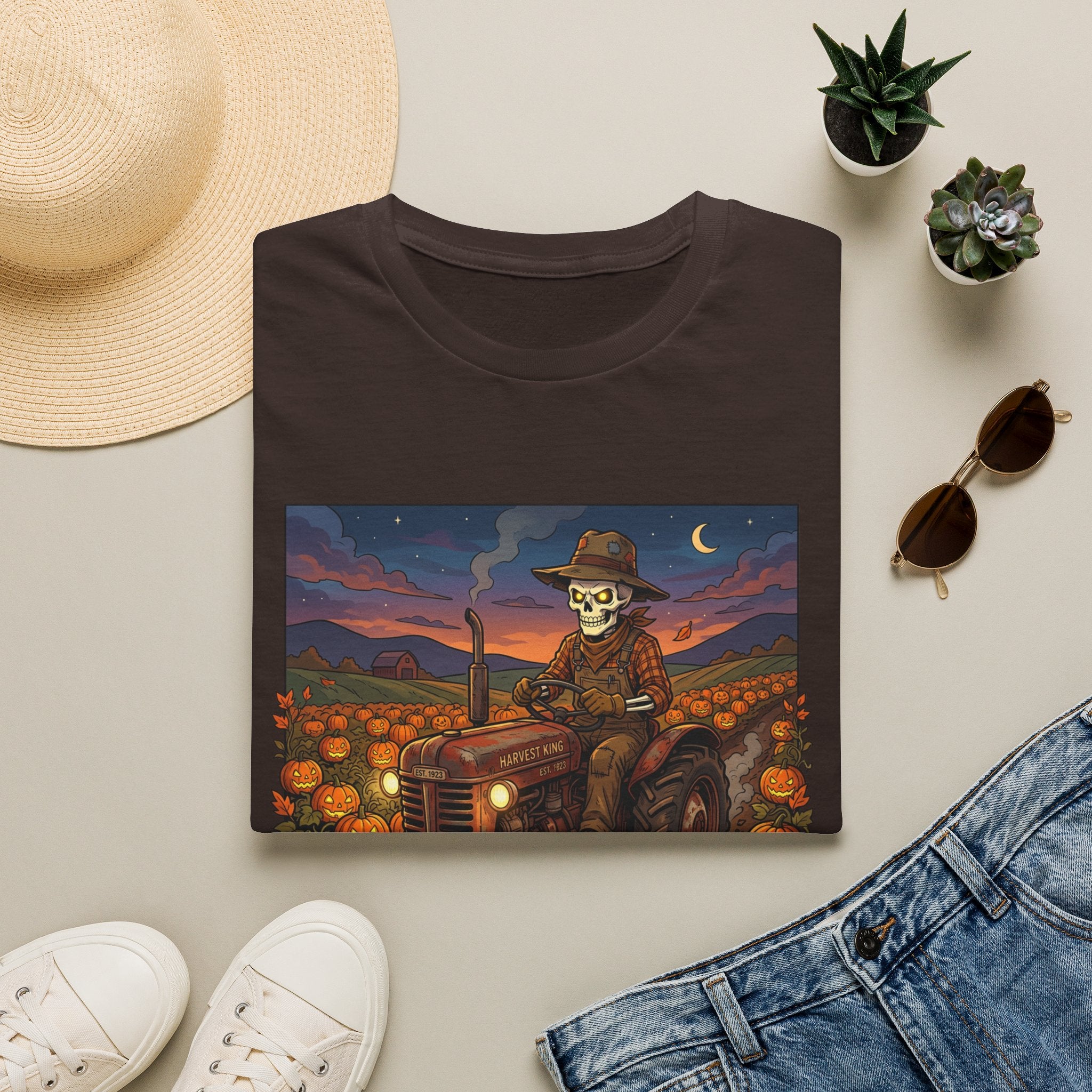 Halloween Pumpkin Farm T‑Shirt — Skeleton Farmer on Tractor Design