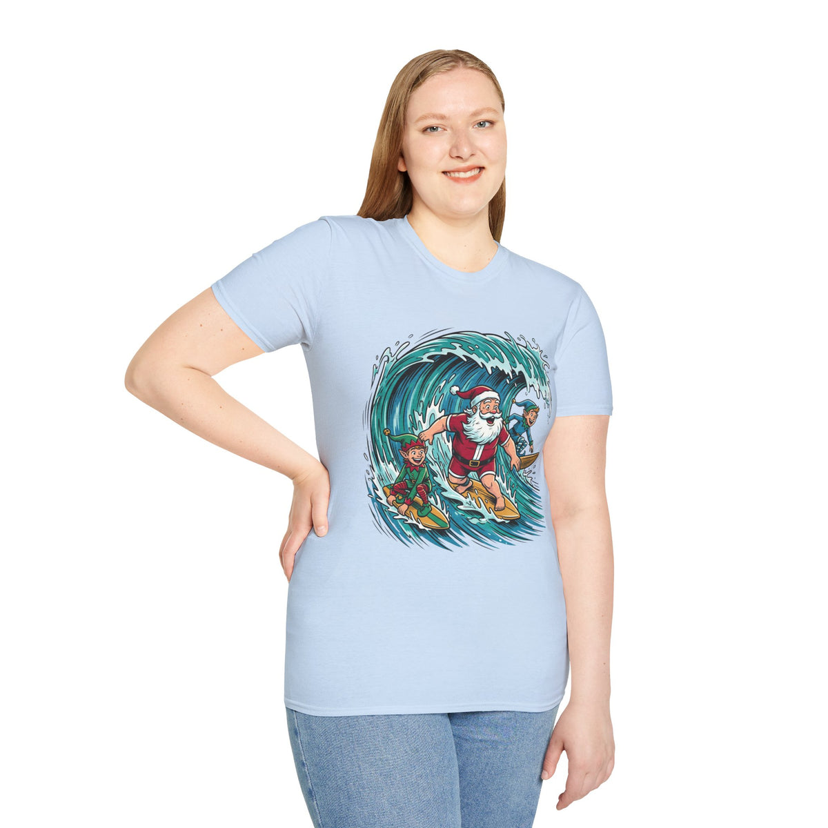 Surfing Santa T-Shirt — Christmas Beach Holiday Tee