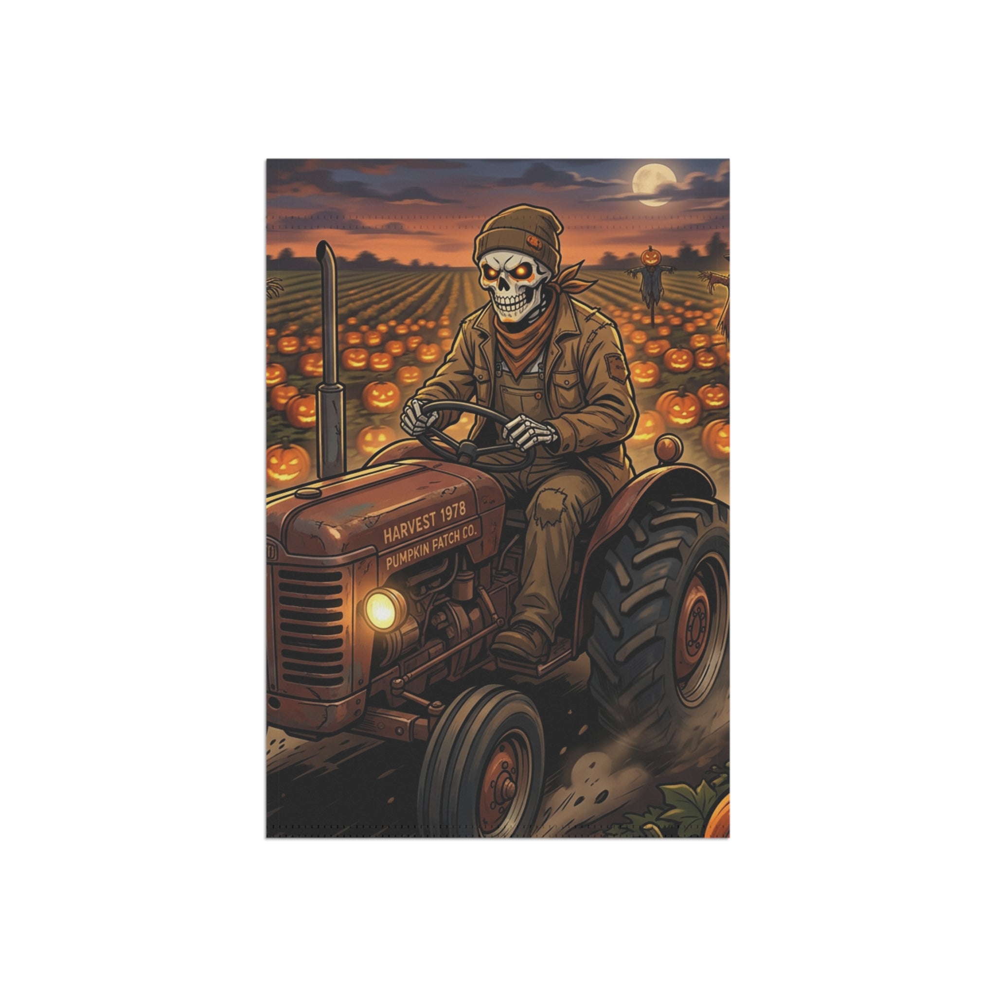 Halloween Pumpkin Patch Garden Flag – Skeleton Farmer on Tractor Fall Yard Banner