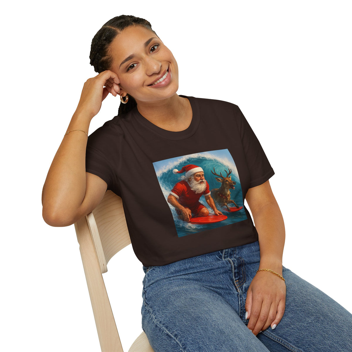 Santa Surfing T-Shirt — Retro Santa and Reindeer Surf Holiday Tee