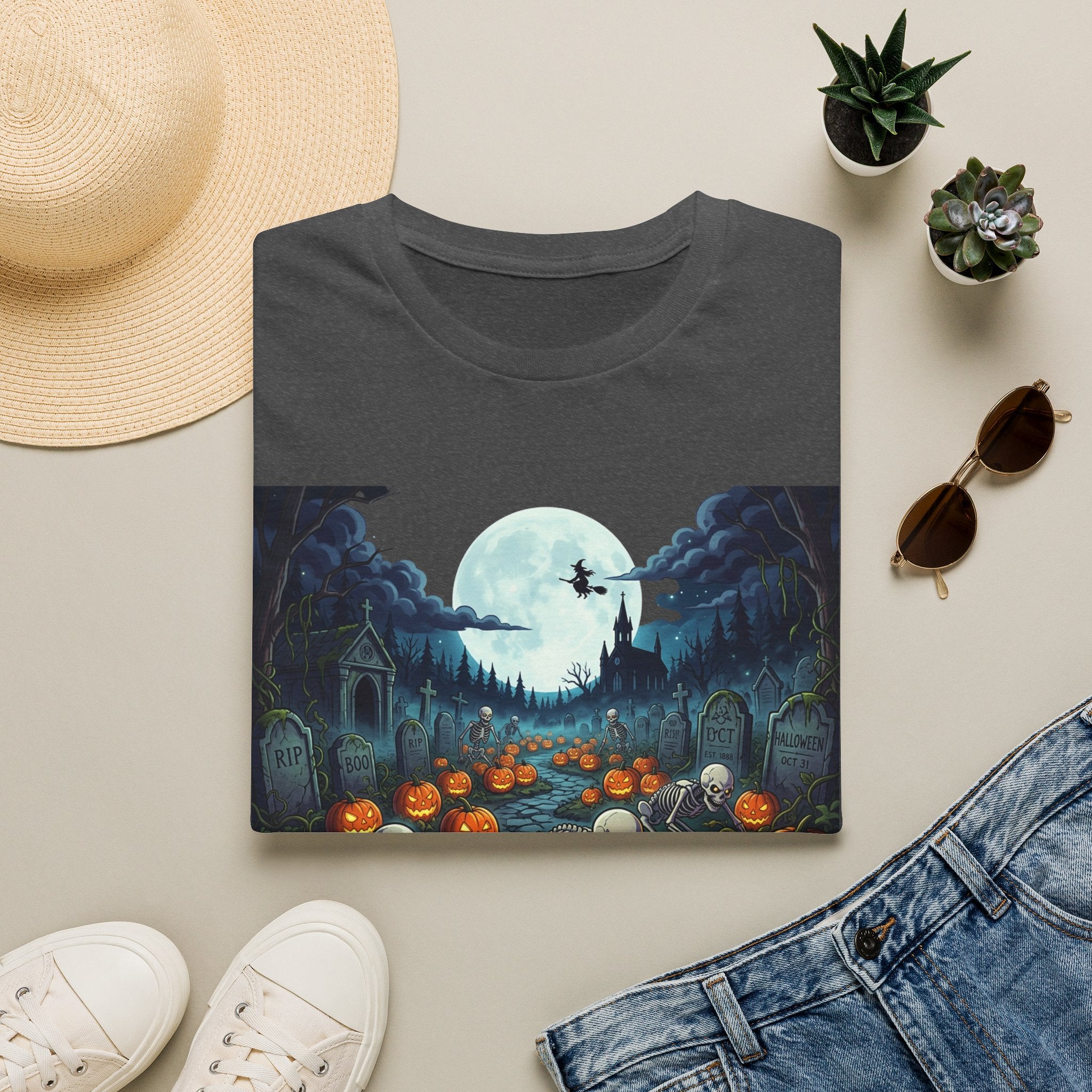 Halloween Pumpkin Patch T-Shirt — Haunted Moonlit Cemetery Graphic Tee