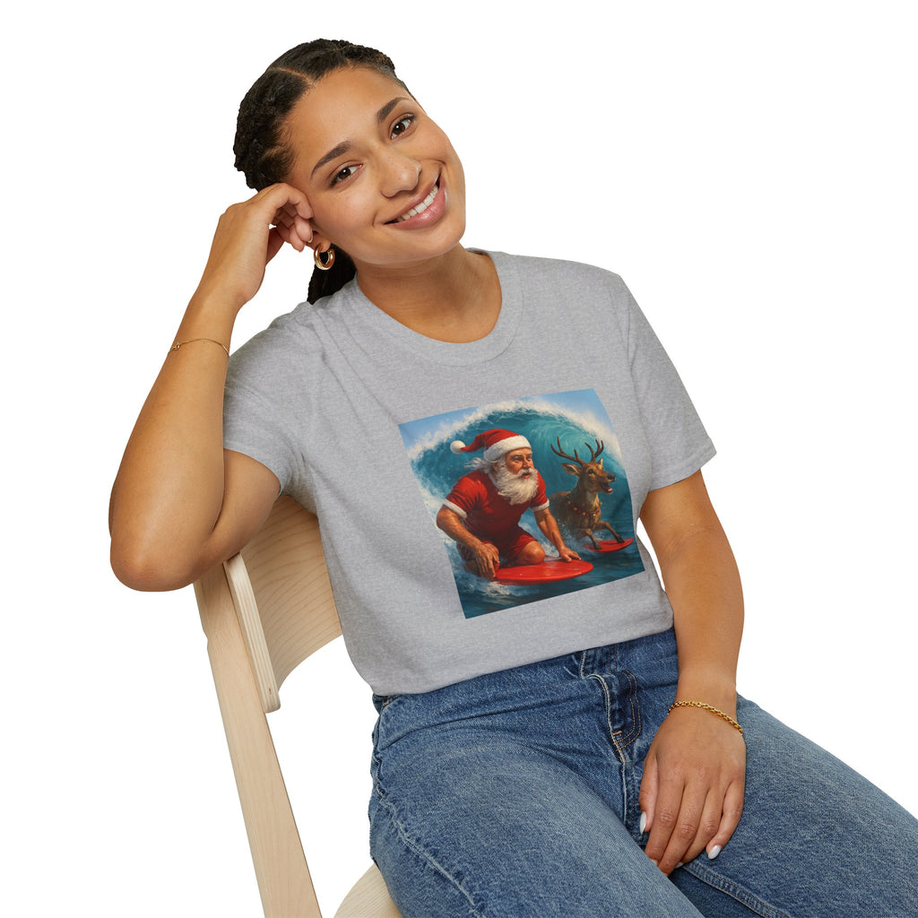 Santa Surfing T-Shirt — Retro Santa and Reindeer Surf Holiday Tee