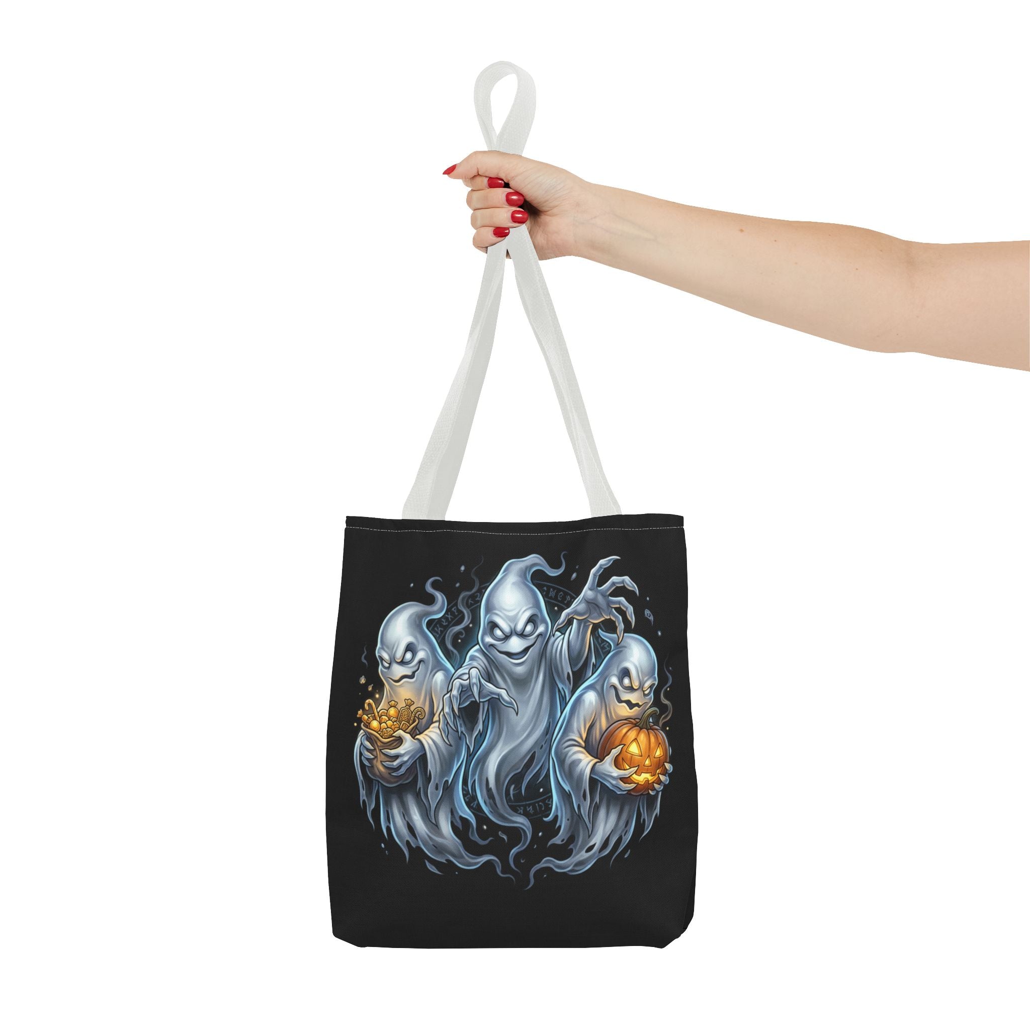 Halloween Ghost Trio Tote Bag — Spooky Pumpkin Trick-or-Treat AOP Tote