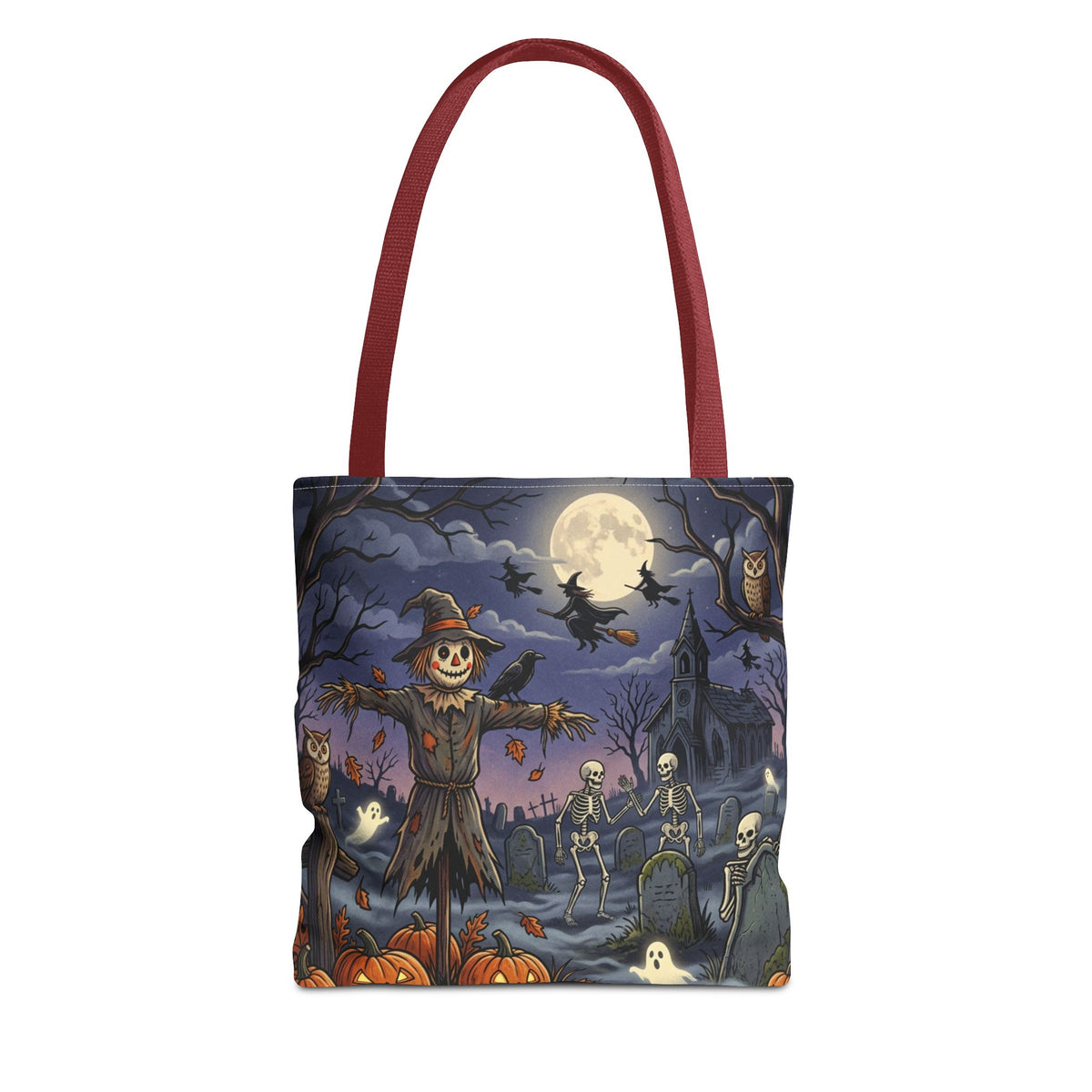 Halloween Haunted Night Tote Bag – Spooky Scarecrow & Skeletons All-Over Print