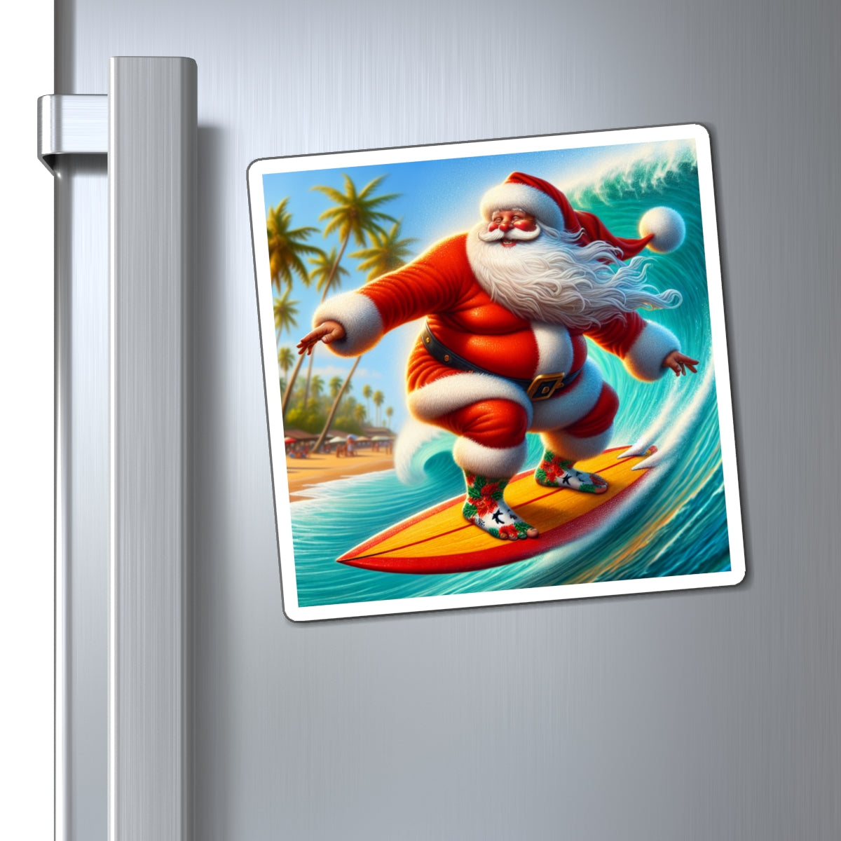 Surfing Santa Refrigerator Magnet — Holiday Tropical Christmas Décor