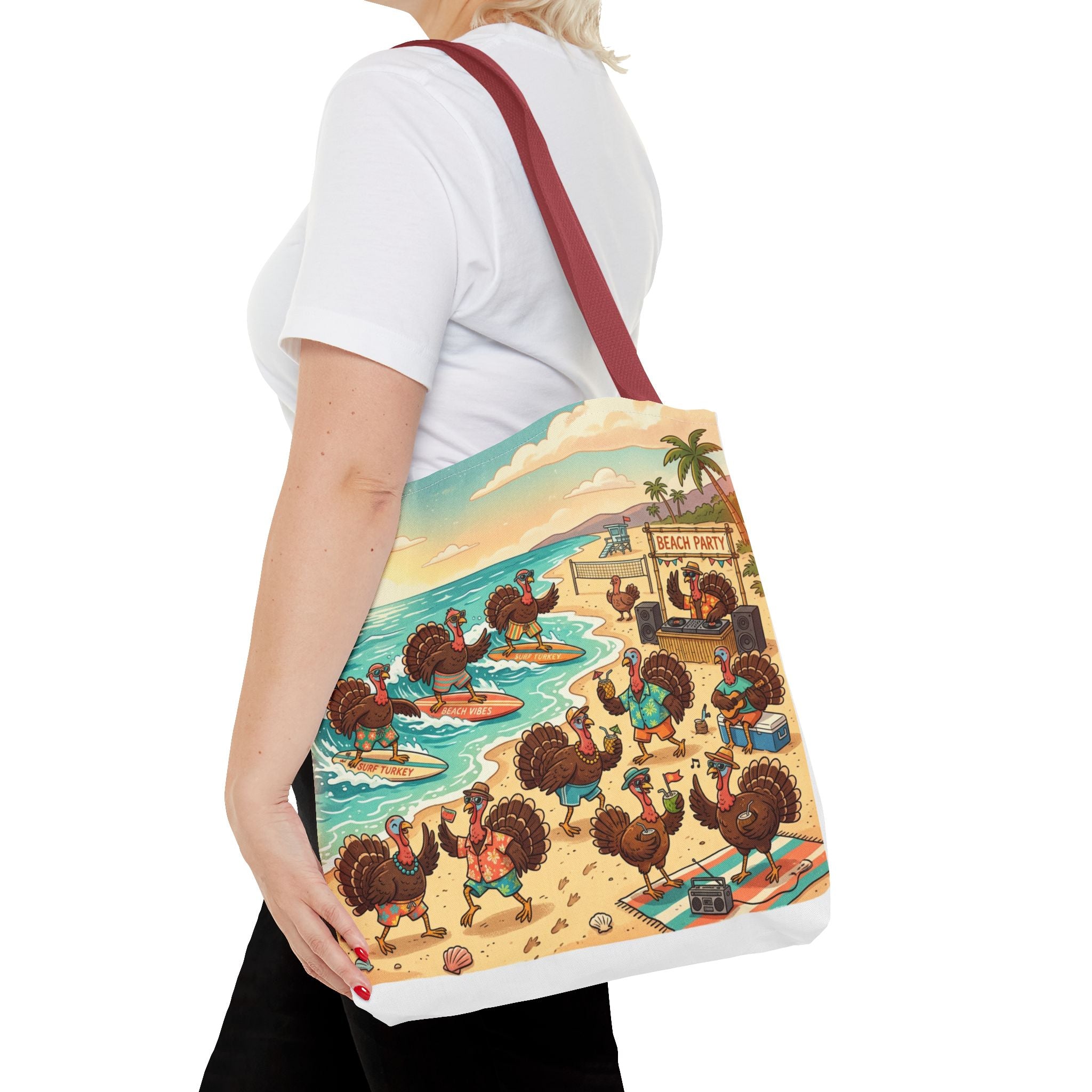 Surfing Turkeys Beach Tote Bag – Funny Thanksgiving Summer Beach Tote