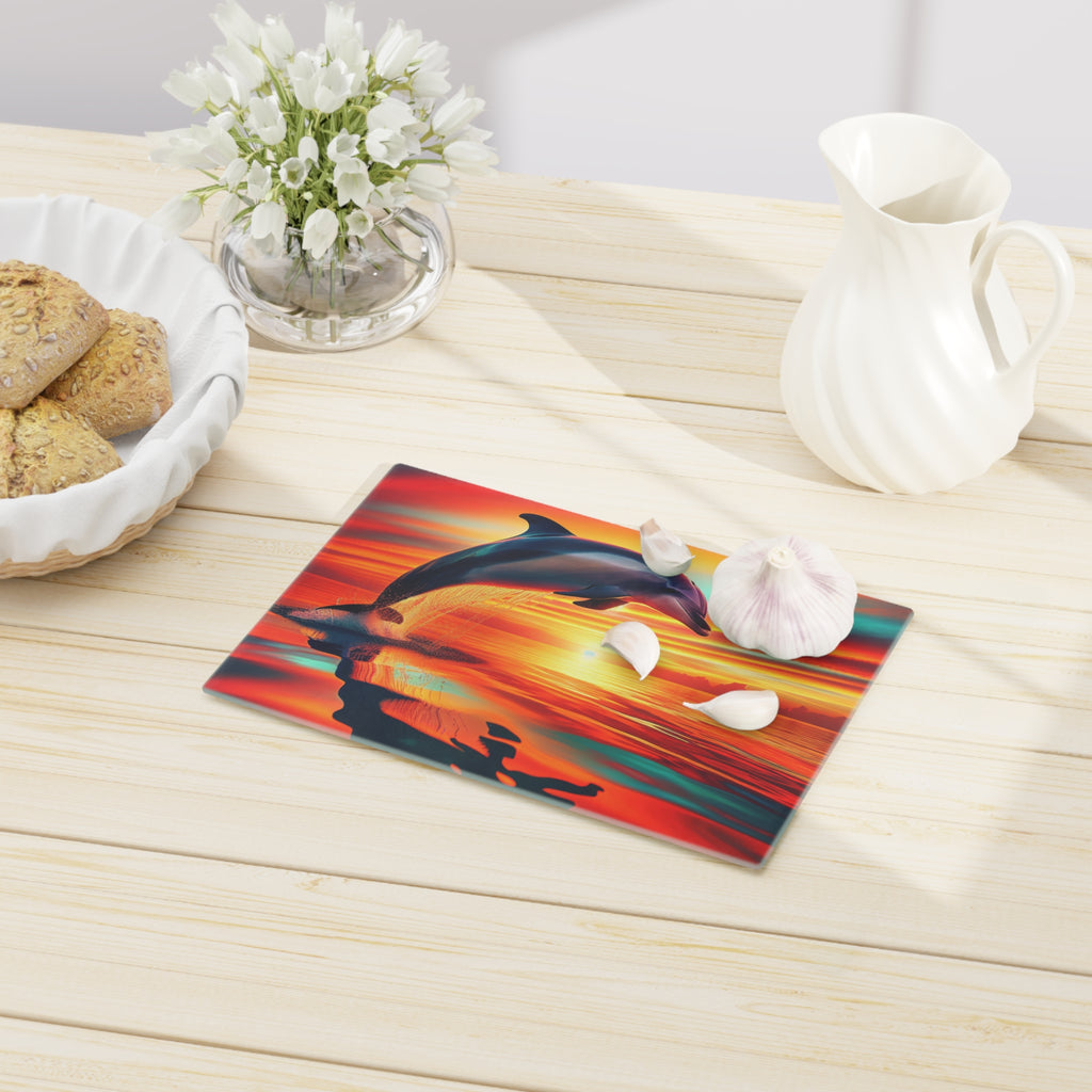 Dolphin Sunset Cutting Board – Vibrant Ocean Scene Glass Chopping Board