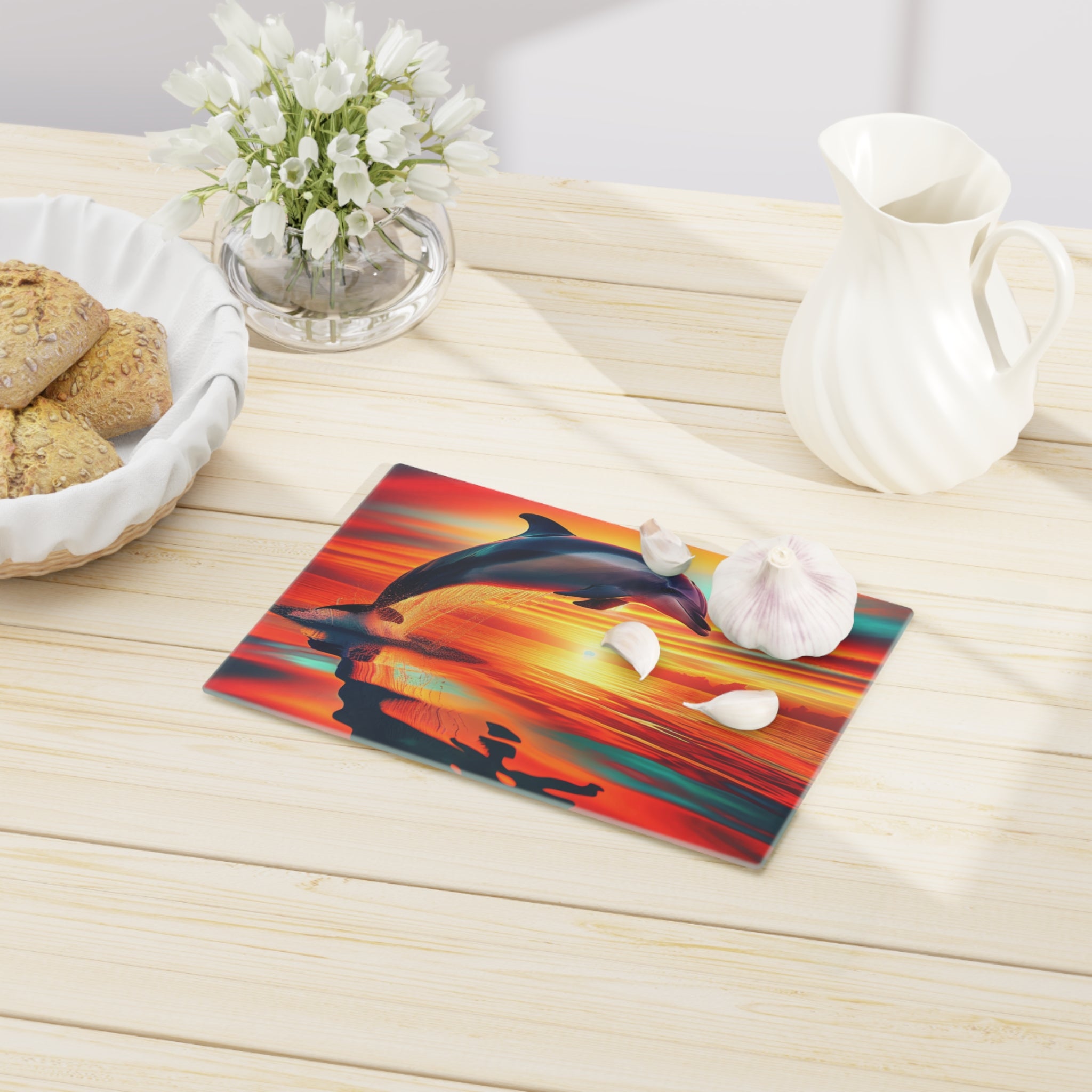 Dolphin Sunset Cutting Board – Vibrant Ocean Scene Glass Chopping Board