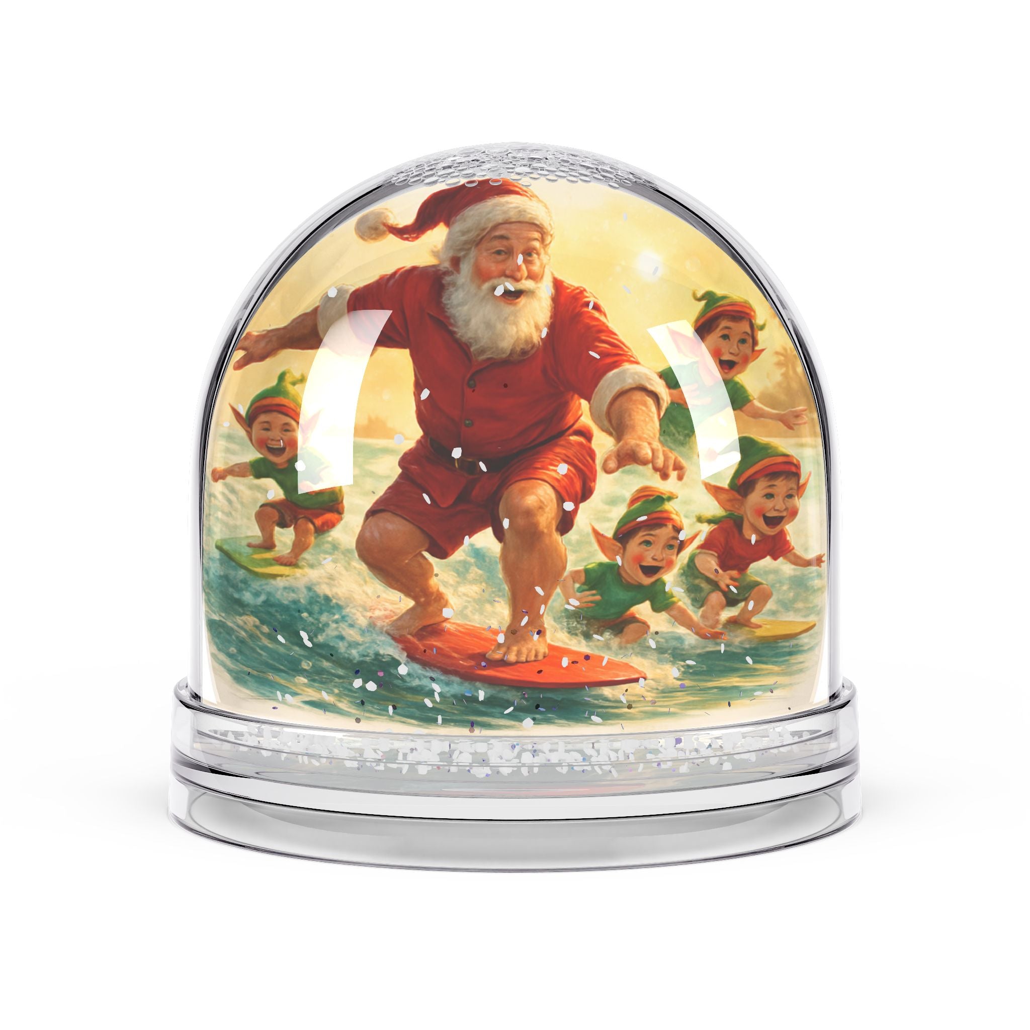 Surfing Santa Snow Globe — Festive Holiday Décor with Surfing Santa & Elves