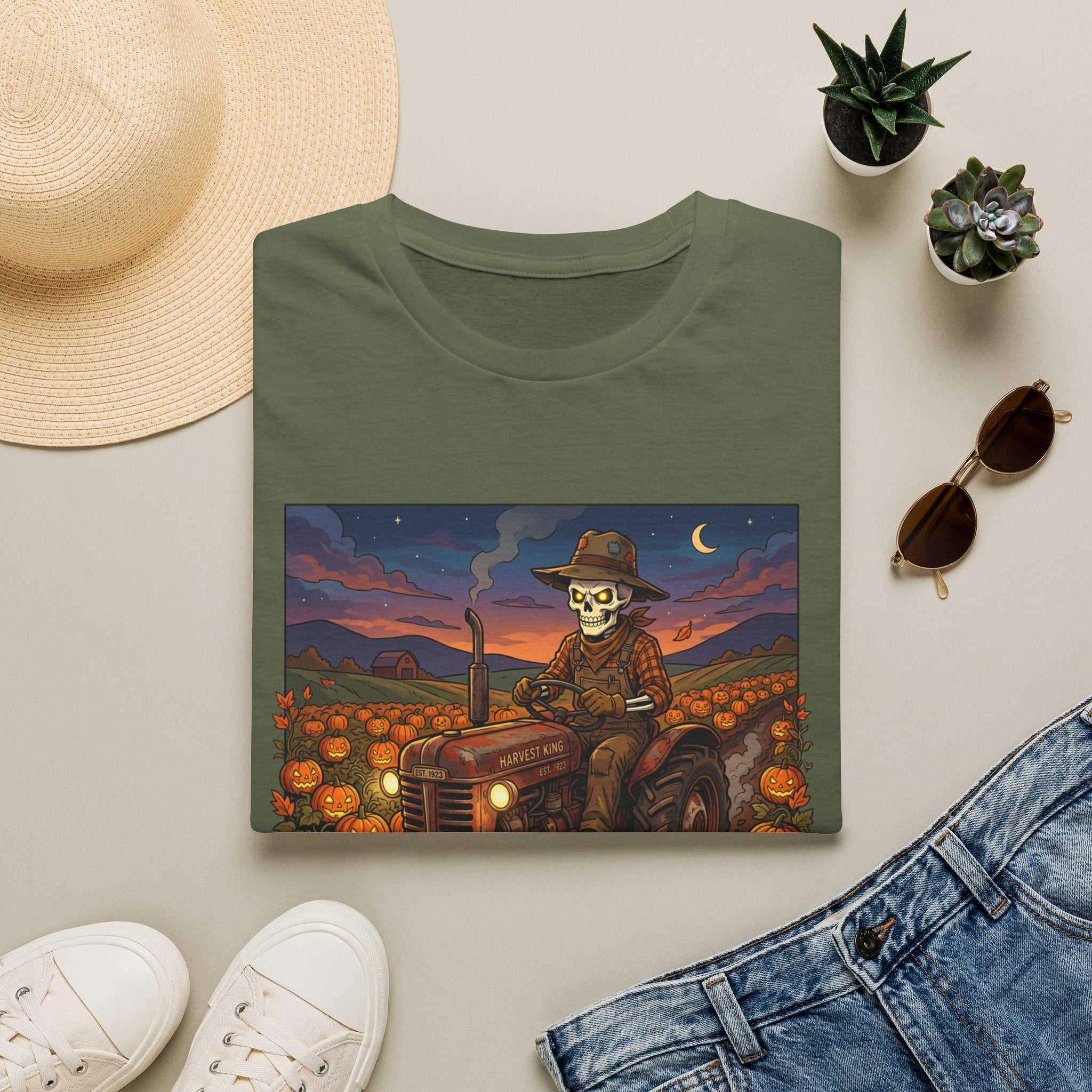 Halloween Pumpkin Farm T‑Shirt — Skeleton Farmer on Tractor Design