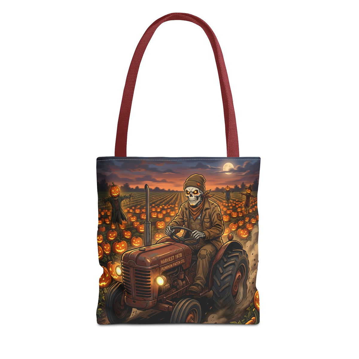 Halloween Pumpkin Field Tote — Skeletal Farmer on Tractor AOP Tote Bag