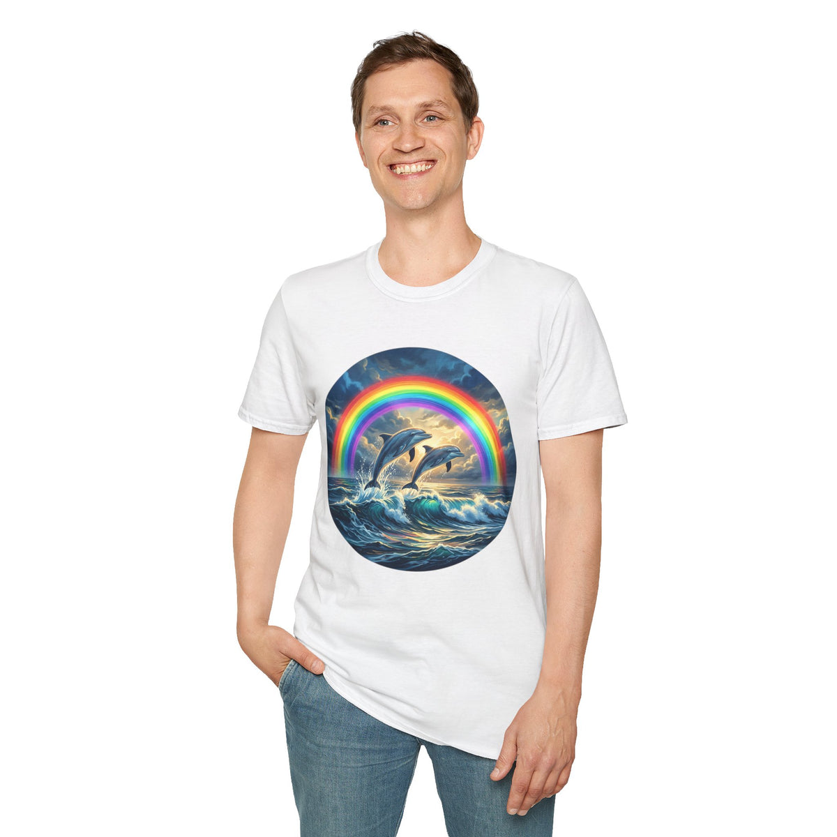 Dolphin Rainbow Wave T-Shirt — Ocean Sunset Graphic Tee
