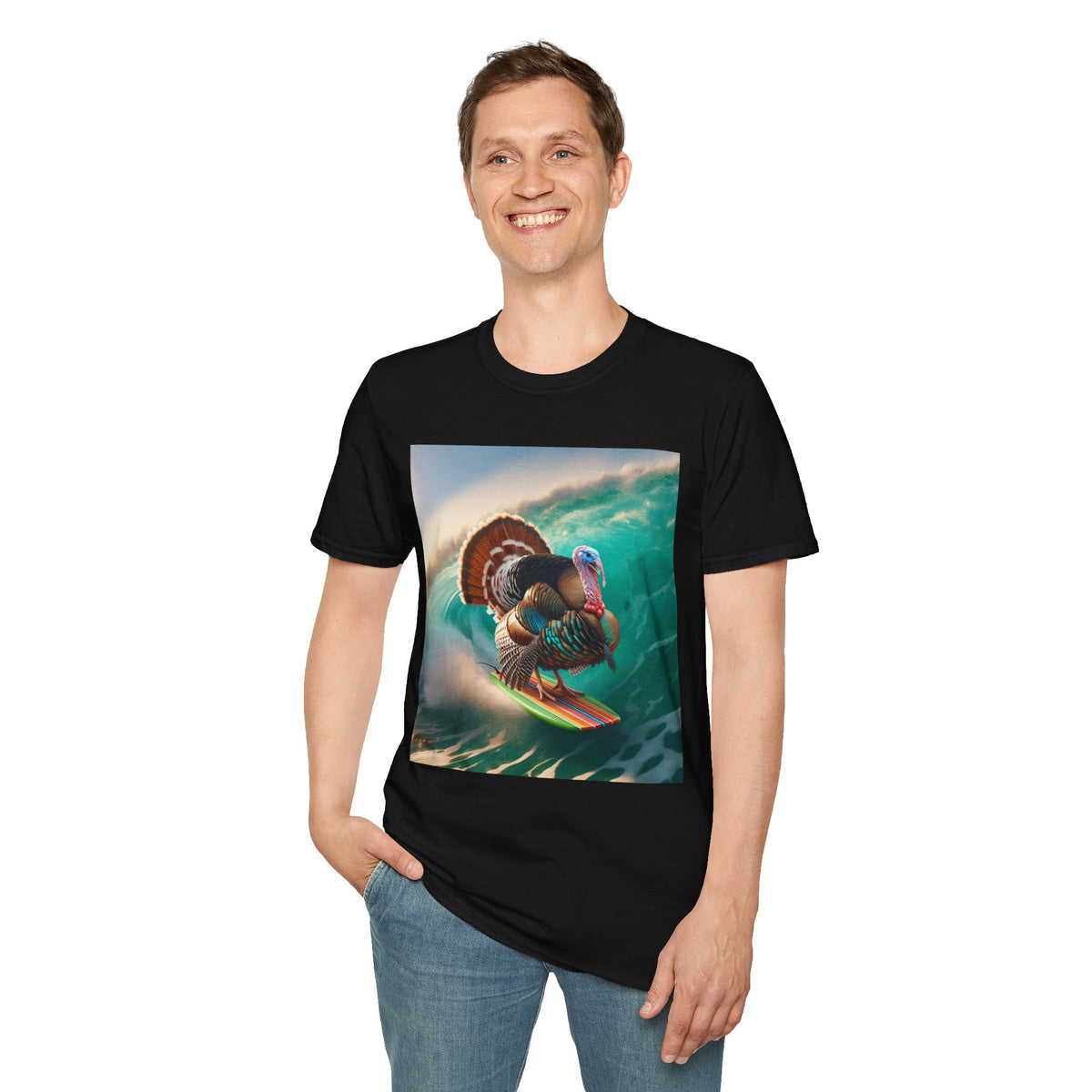 Majestic Surfing Turkey T-Shirt – Thanksgiving Wildlife Graphic Tee