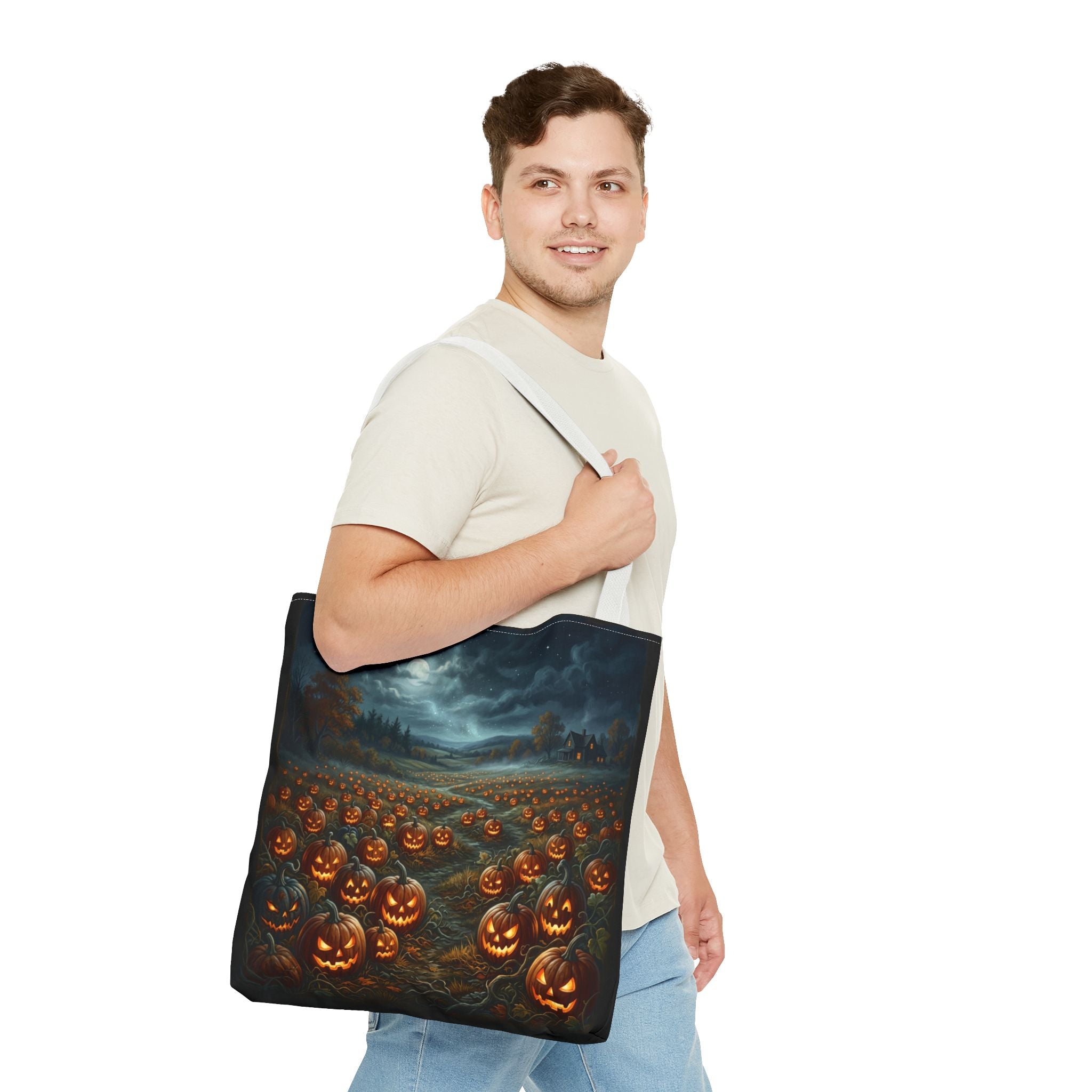 Halloween Pumpkin Field Tote Bag — Spooky Jack-O'-Lantern All-Over Print