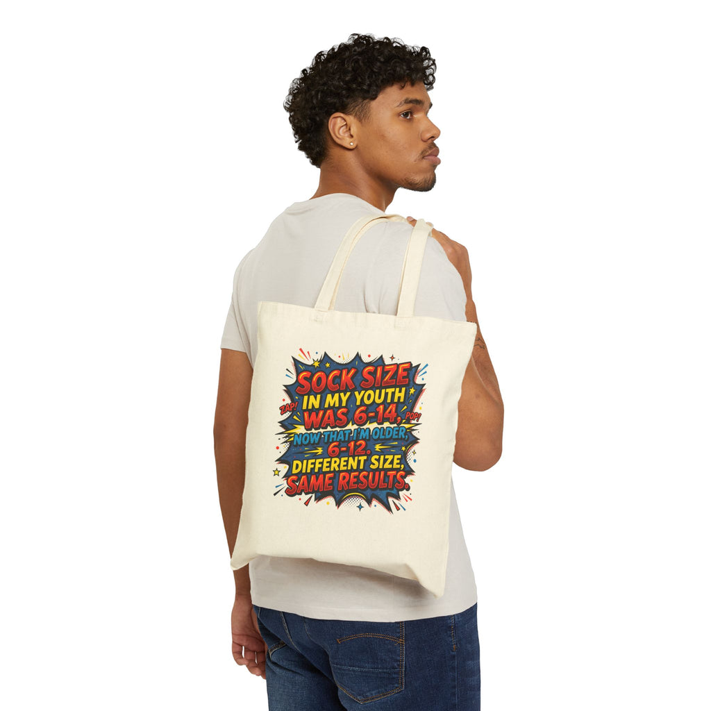 Canvas Tote Bag — Funny Retro Comic 'Sock Size in My Youth Was 6–14' Grocery & Gift Tote
