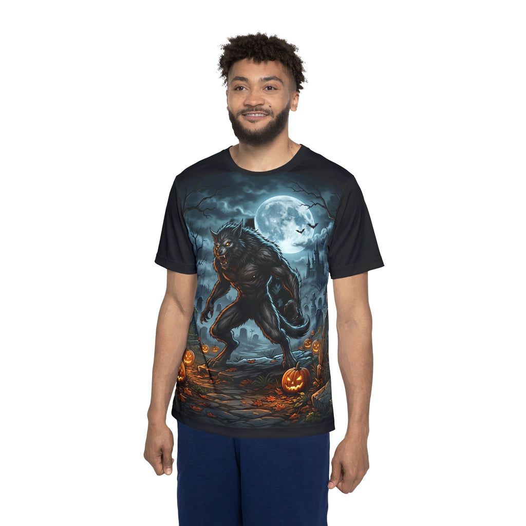 Werewolf Halloween Jersey — Full‑Print Men's Sports Tee with Moonlit Graveyard