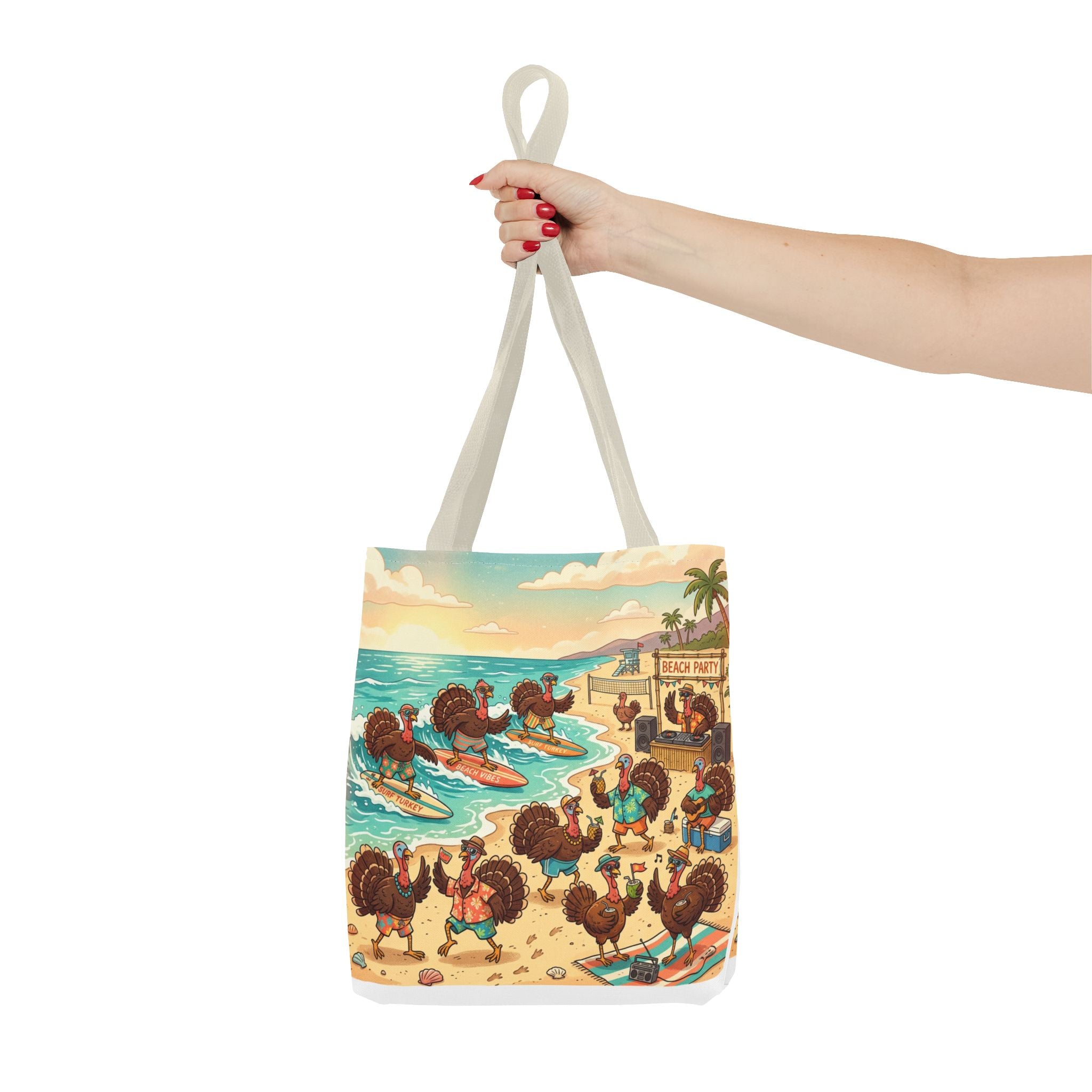 Surfing Turkeys Beach Tote Bag – Funny Thanksgiving Summer Beach Tote
