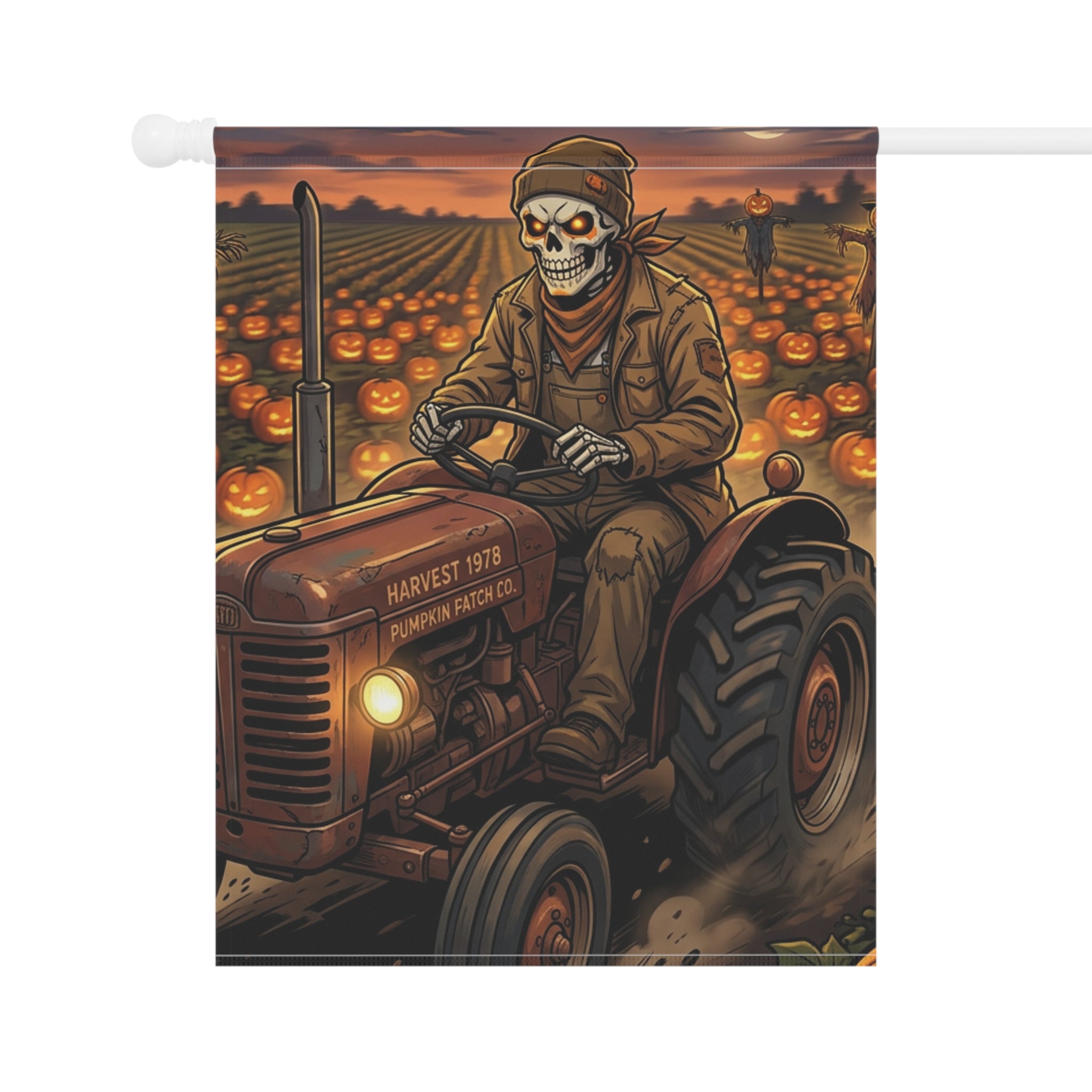 Halloween Pumpkin Patch Garden Flag – Skeleton Farmer on Tractor Fall Yard Banner