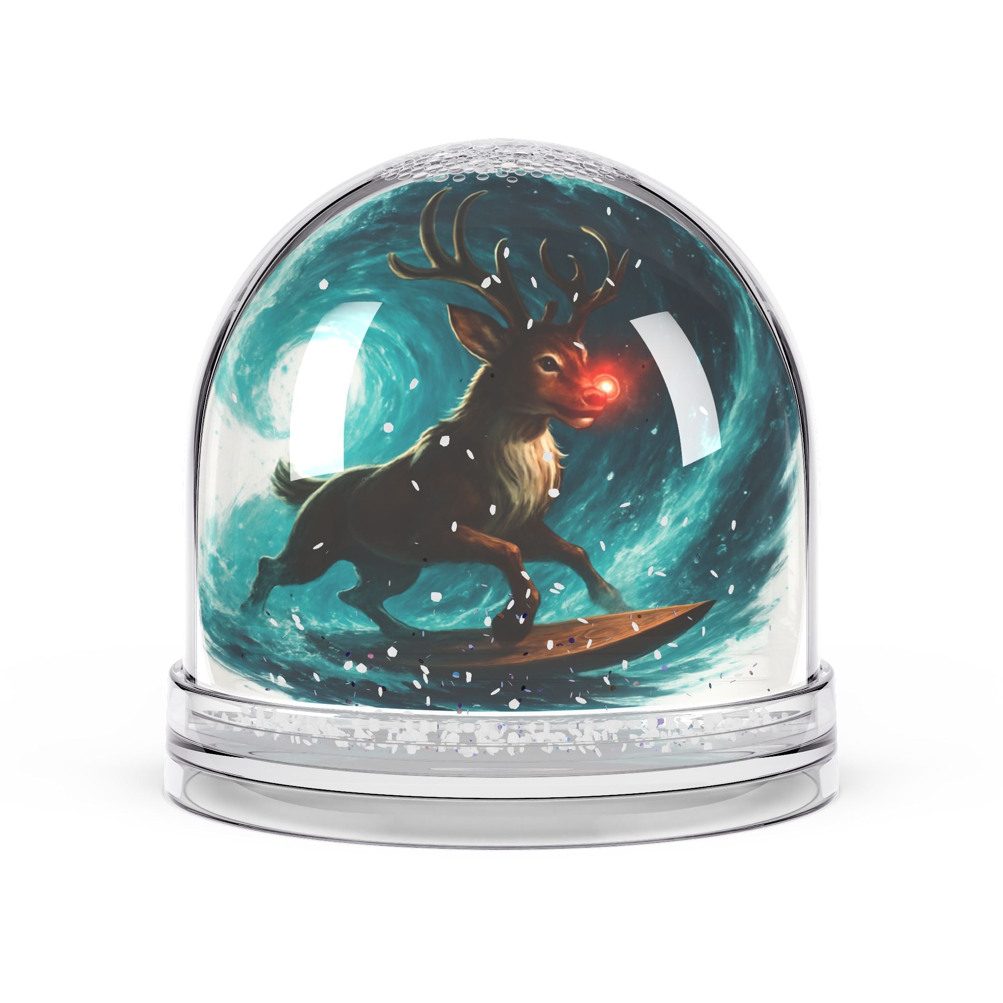 Rudolph Surfing Reindeer Snow Globe — Christmas Holiday Decorative Keepsake