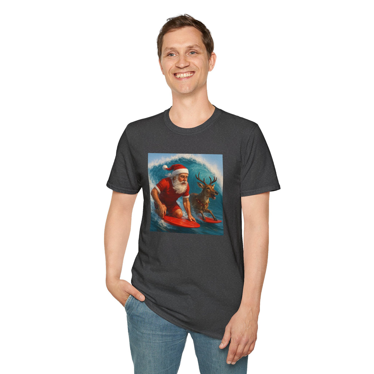 Santa Surfing T-Shirt — Retro Santa and Reindeer Surf Holiday Tee